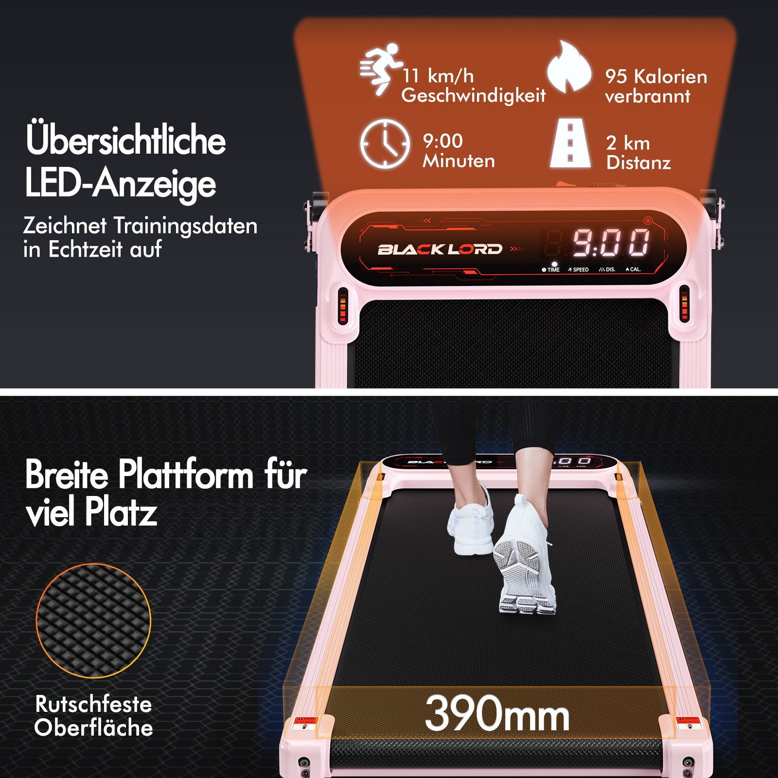 Eine Person geht auf einem rosa Laufband. Das Display zeigt Zeit, Geschwindigkeit, Distanz und verbrannte Kalorien.