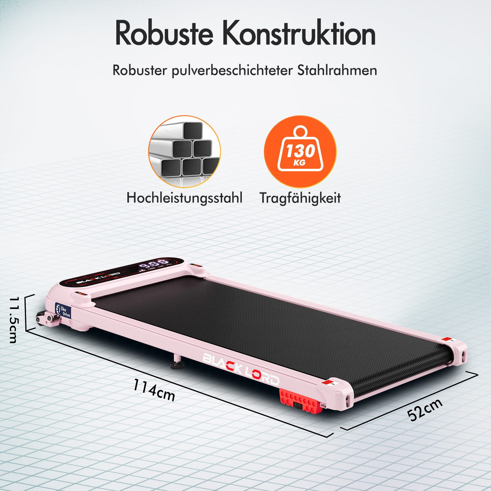 Ein rosa Laufband mit schwarzer Lauffläche. Abmessungen sind angegeben. Text weist auf robuste Konstruktion und 130 kg Tragfähigkeit hin.