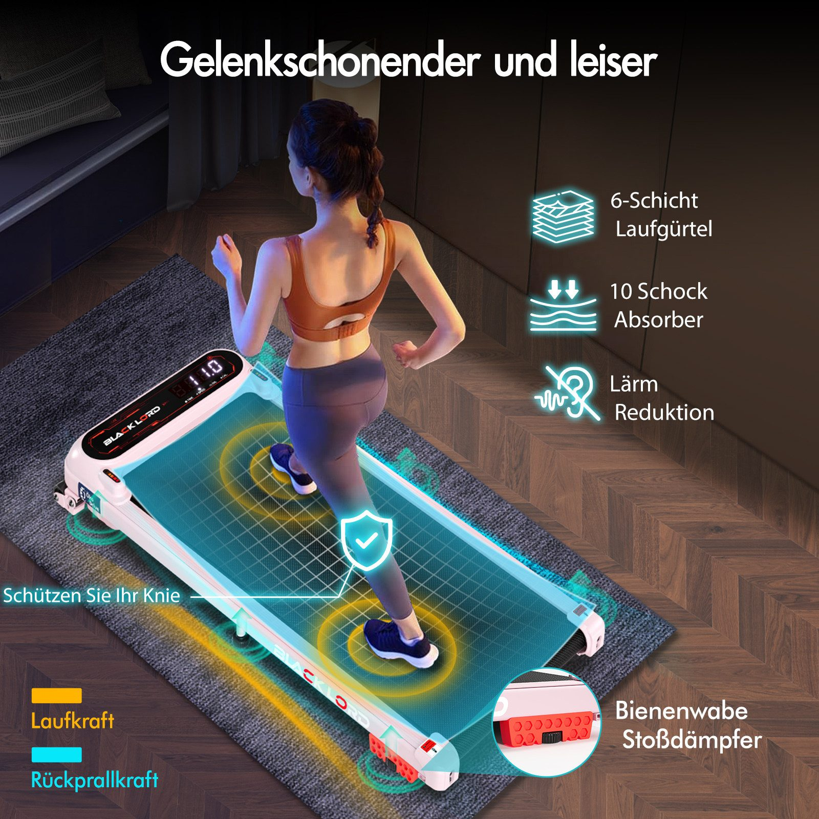 Eine Frau läuft auf einem Laufband. Die Maschine hat ein Display und schont die Knie. Merkmale werden hervorgehoben.