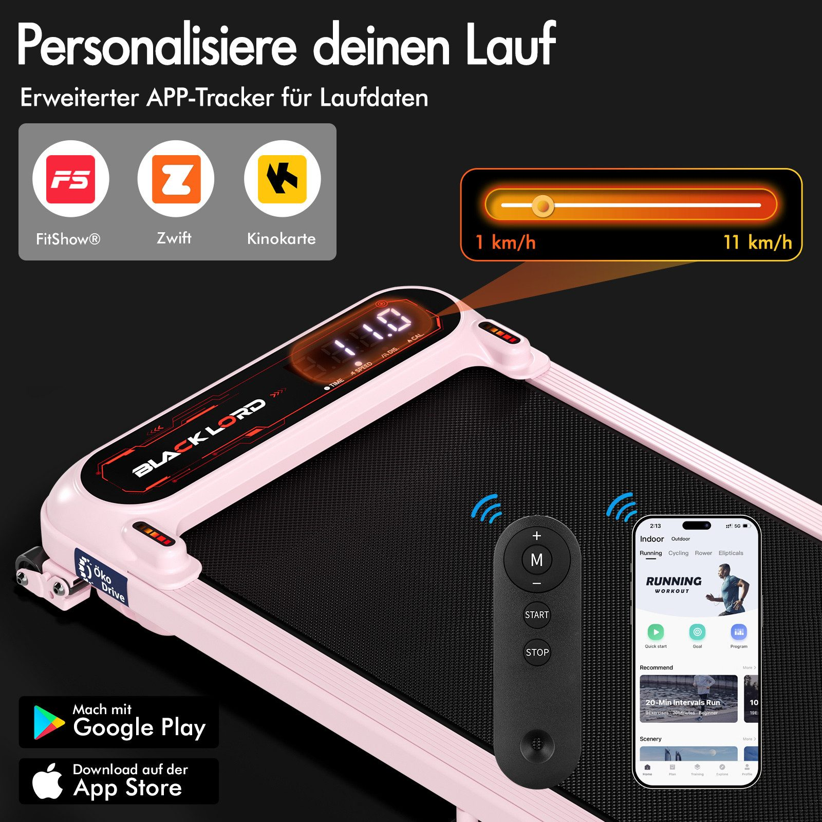Rosa Laufband mit Anzeige 11,0. Fernbedienung und Telefon mit Lauf-App vorhanden. Apps: FitShow, Zwift und Kinokarte.