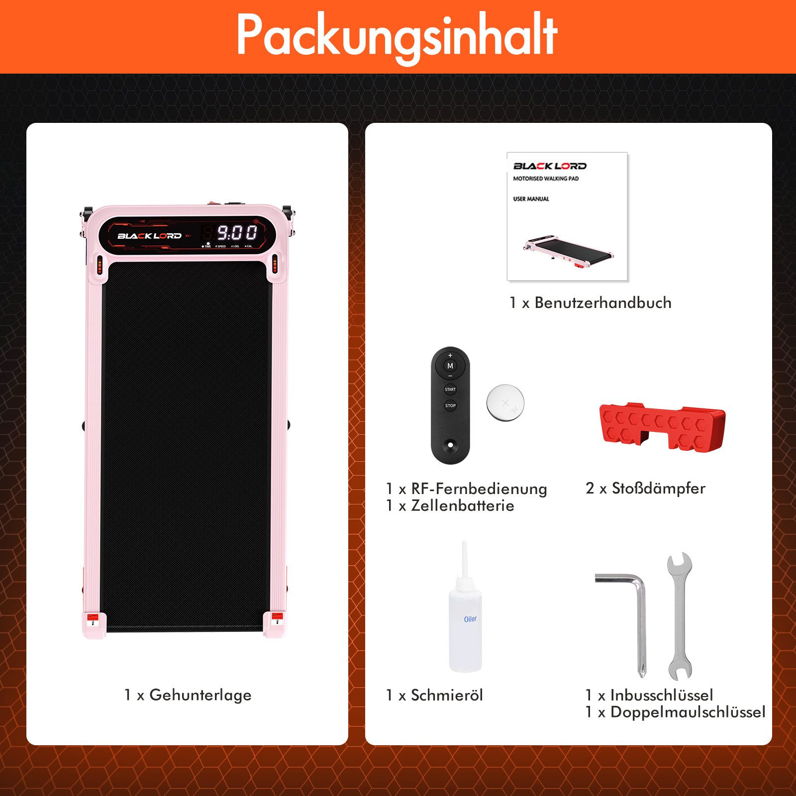 Das Bild zeigt ein pinkfarbenes Laufband, eine Bedienungsanleitung, eine Fernbedienung, Öl, Werkzeuge und weitere Komponenten.