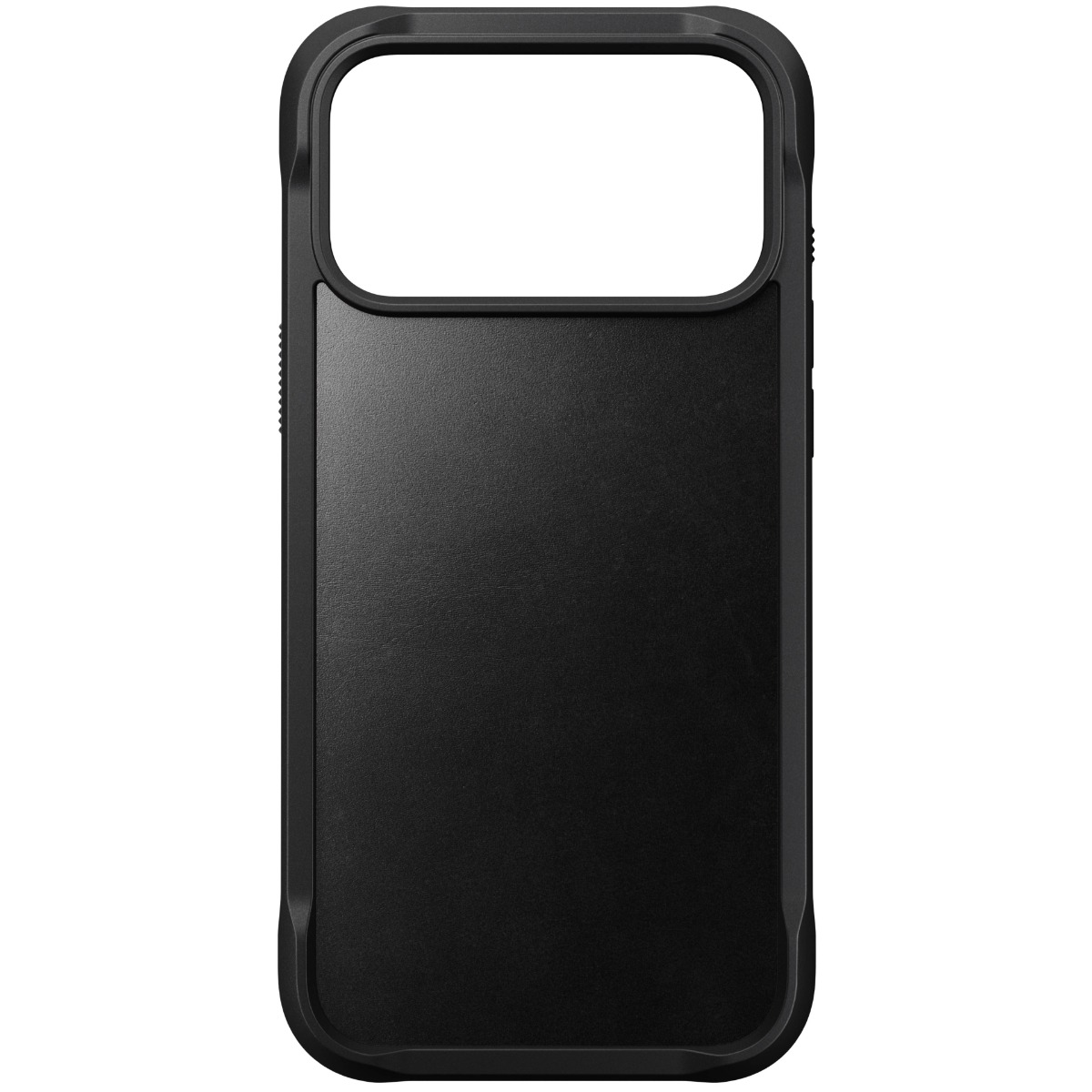 Una custodia nera per telefono di forma rettangolare. Ha una parte superiore aperta per la fotocamera e una superficie strutturata.