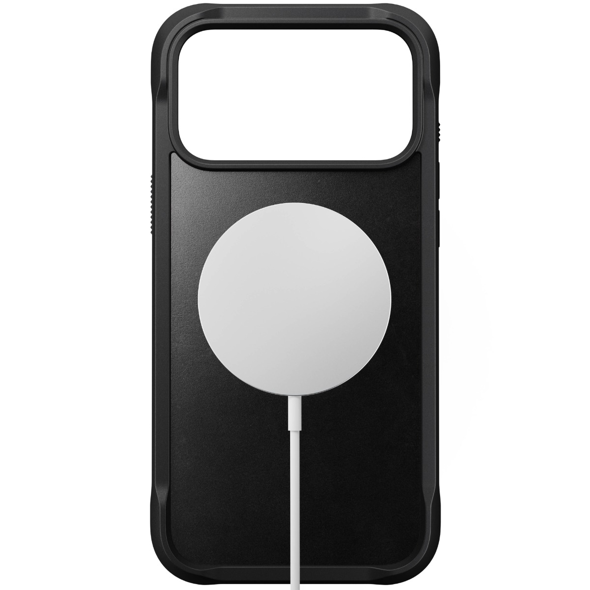 Custodia nera per telefono con caricatore circolare bianco collegato tramite un cavo bianco. La custodia ha un ritaglio per la fotocamera.