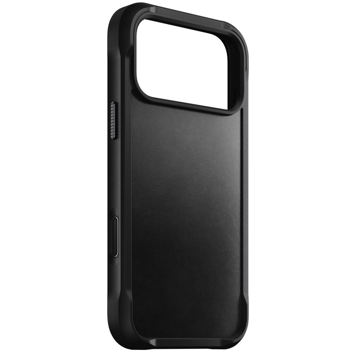 Primo piano di una custodia per telefono nera. La custodia ha un'apertura per la fotocamera e dettagli dei pulsanti. È realizzata in materiale nero opaco.