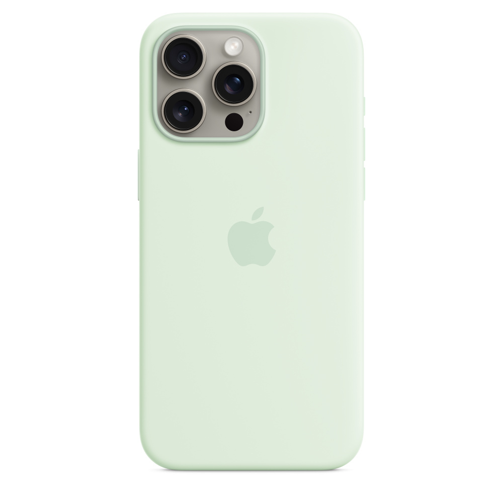 Een mintgroene iPhone-hoes. Het heeft een drievoudige cameralens, een flitser en een Apple-logo.