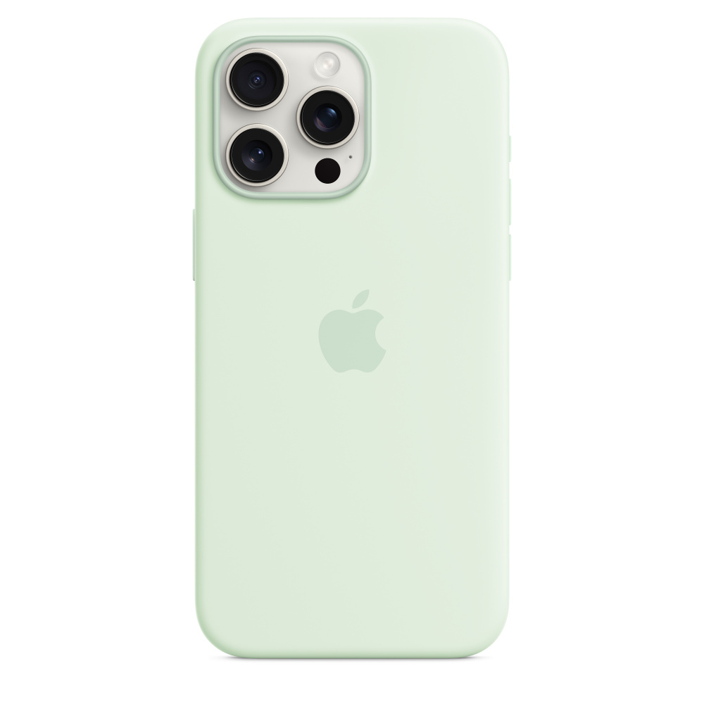 Een mintgroene iPhone-hoes. Het heeft drie cameralenzen en een Apple-logo. De achtergrond is wit.