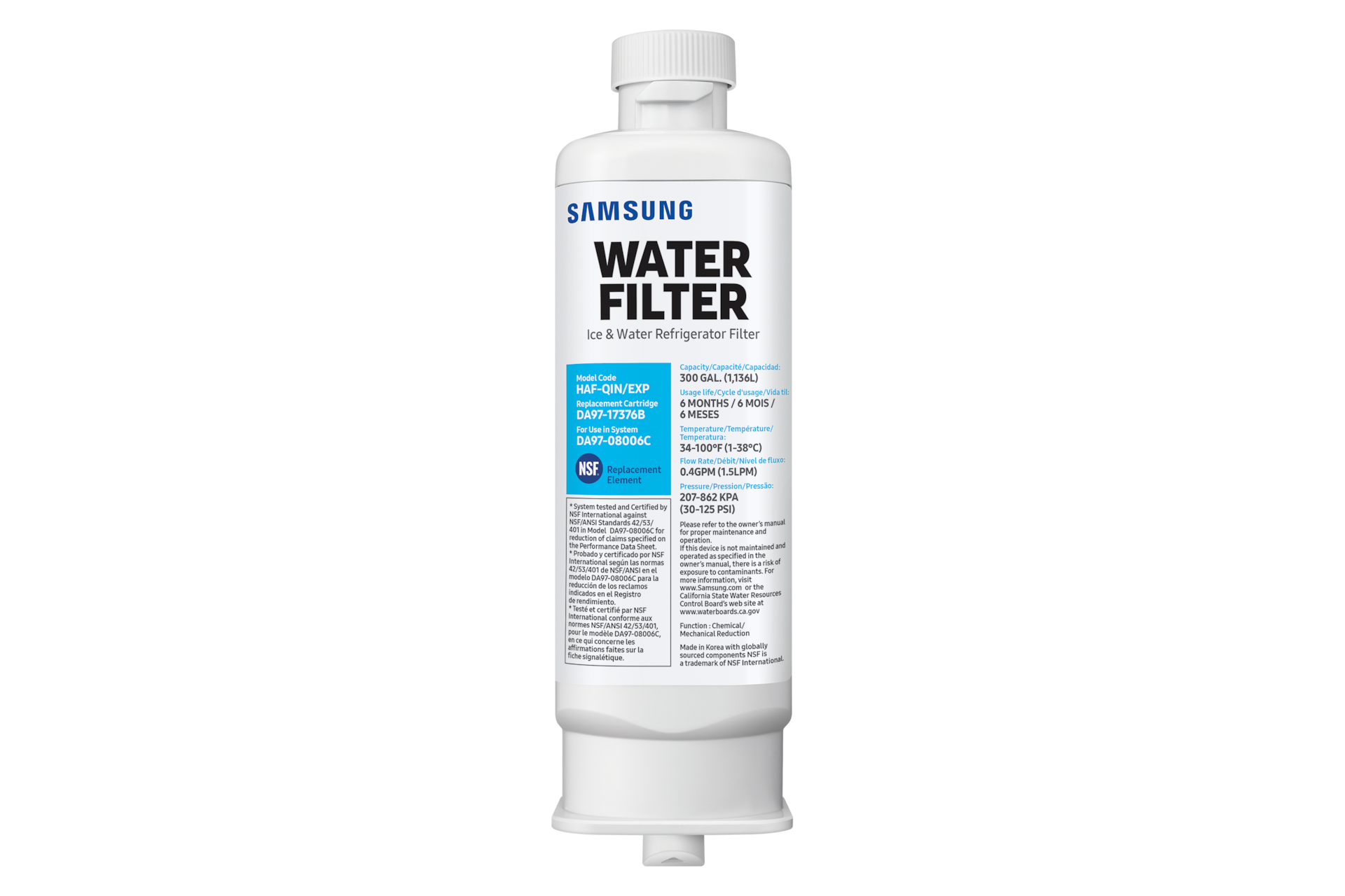 Eine weiße Samsung Wasserfilterflasche mit schwarzem Text. Der Text enthält 'Wasserfilter' und technische Details.