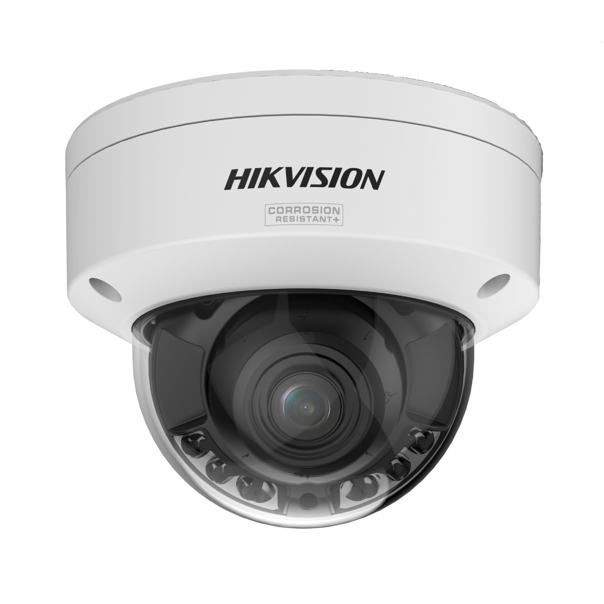 Eine weiße Hikvision-Dome-Überwachungskamera. Sie hat eine schwarze, transparente Kuppel und das Wort HIKVISION steht oben.