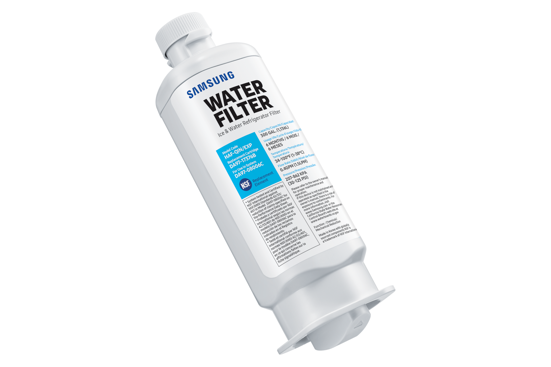 Weißer Samsung Wasserfilter. Er hat ein blaues Logo und Text, einschließlich 'WATER FILTER' und Modellinformationen. NSF-zertifiziert.