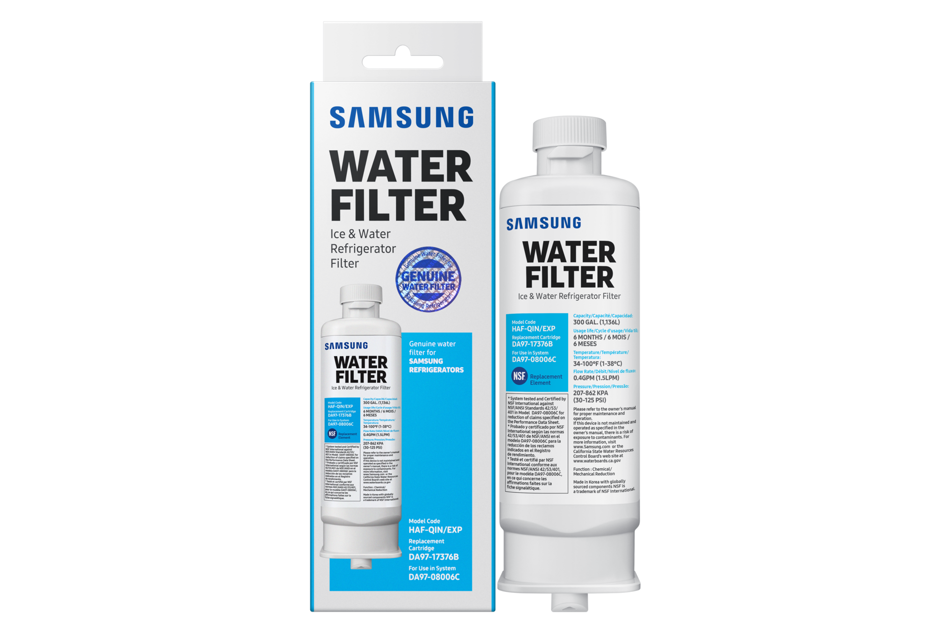 Samsung Wasserfilter, blaue und weiße Verpackung. Der Filter ist weiß. Text ist sichtbar.