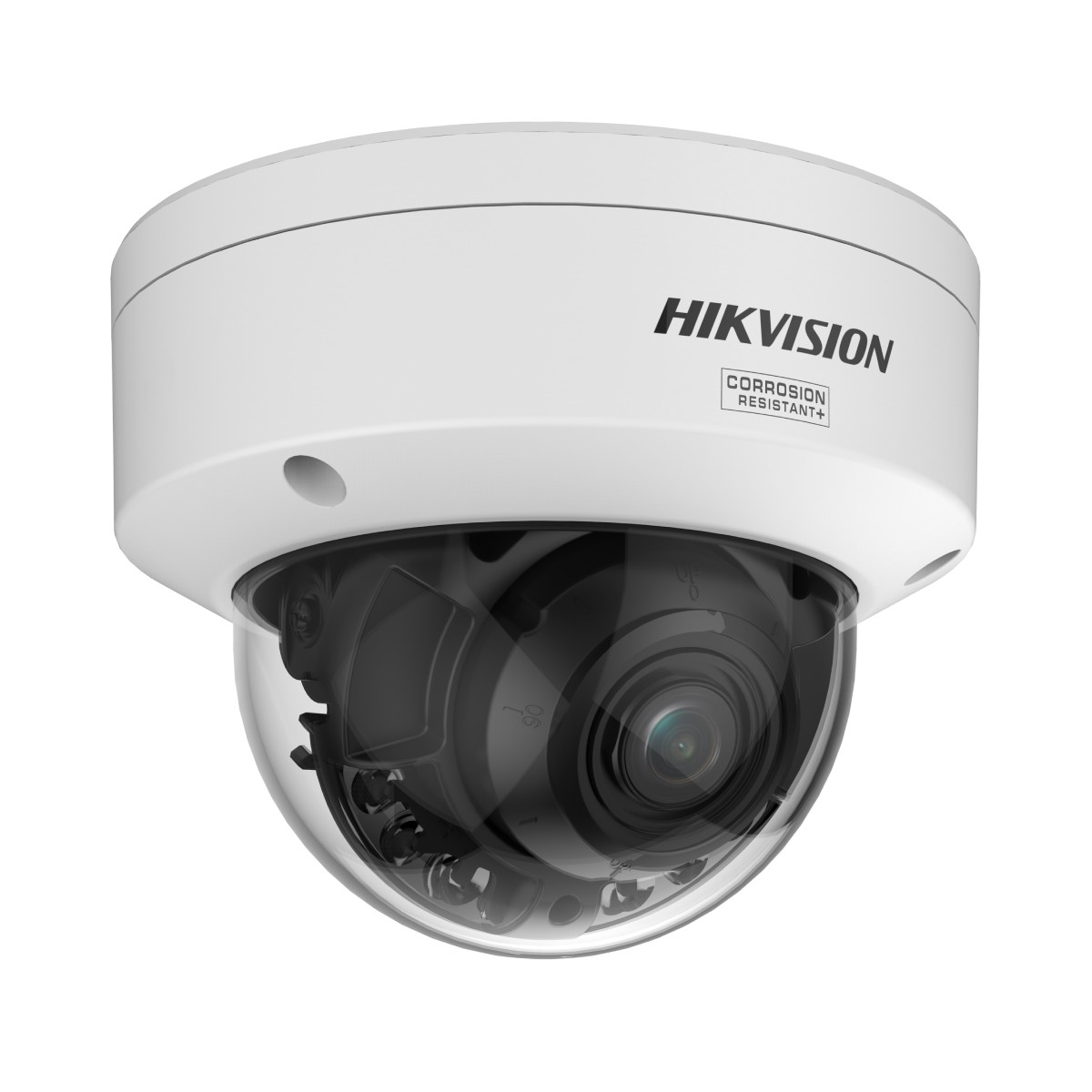 Eine weiße Hikvision-Dome-Überwachungskamera. Sie hat eine klare Kuppel über dem Objektiv und ist mit 'Corrosion Resistant+' beschriftet.