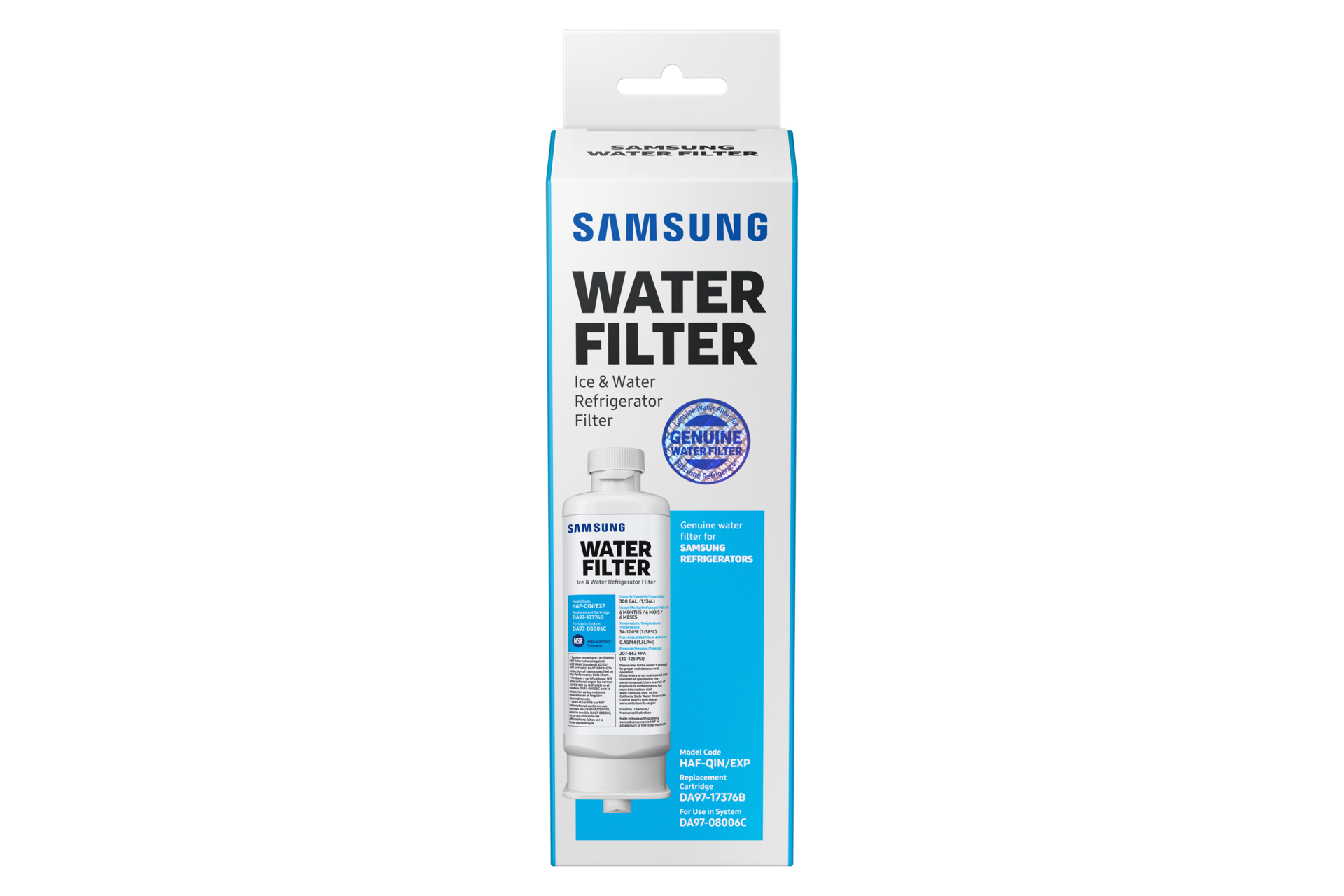 Eine Samsung Wasserfilterbox. Sie ist weiß und blau. Auf der Box steht das Wort 'WATER FILTER'.