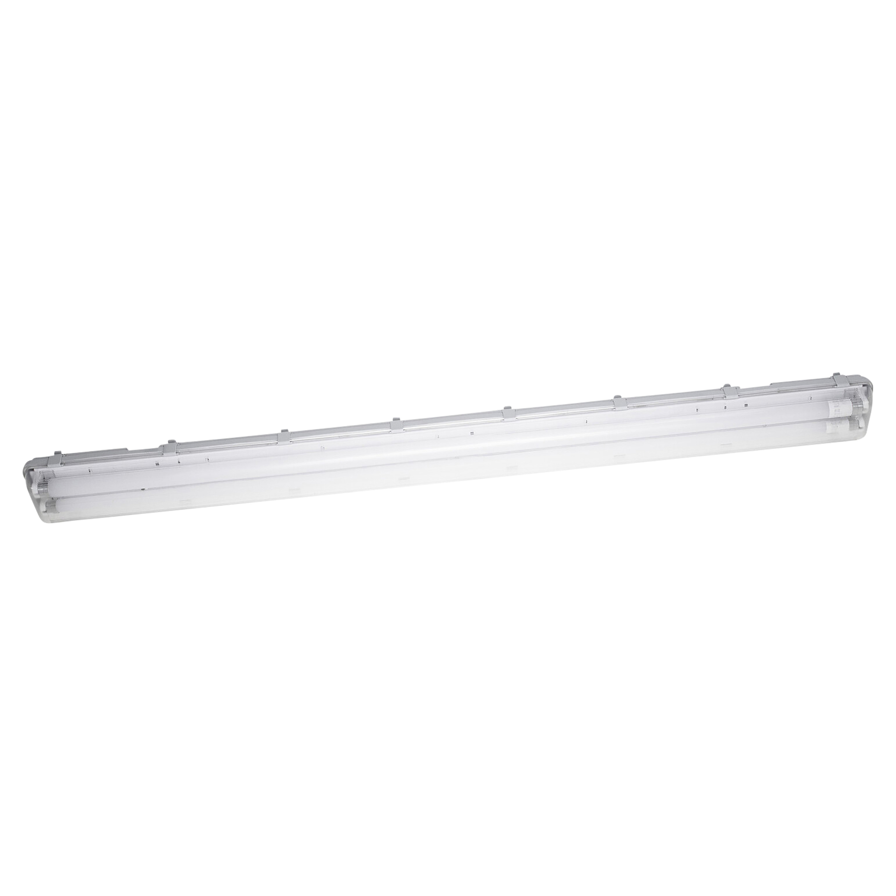 Un lungo apparecchio per illuminazione fluorescente bianco, con copertura trasparente e terminali grigi, isolato su sfondo bianco.