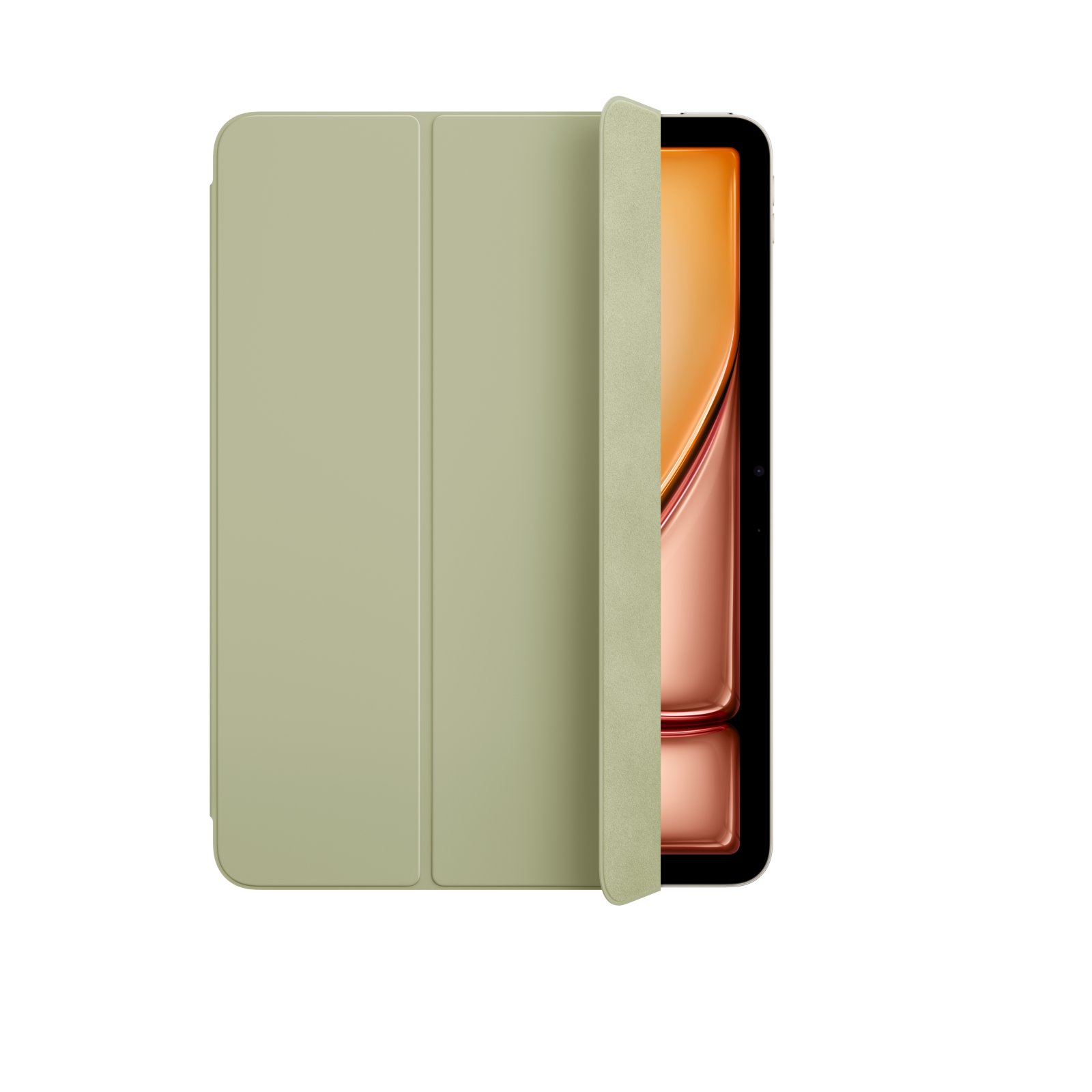 Una funda verde oliva para tableta cubre parcialmente una tableta. La pantalla muestra tonos naranjas y rojos.
