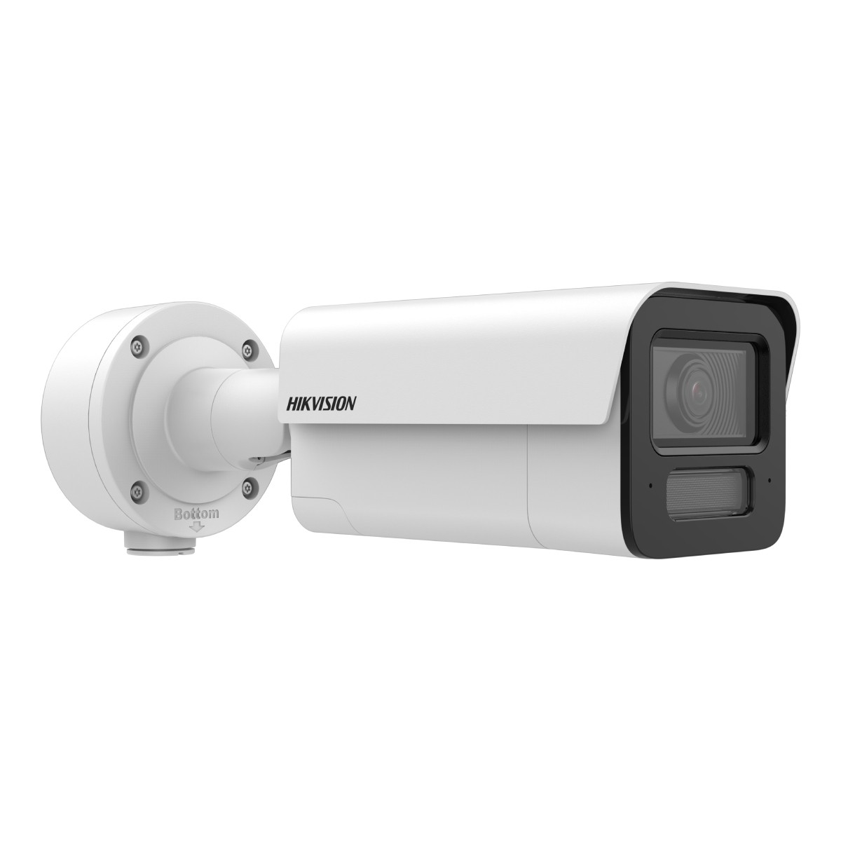 Eine weiße Hikvision-Überwachungskamera mit schwarzem Objektivgehäuse ist auf einer weißen Basis montiert. Das Wort 'Bottom' ist sichtbar.