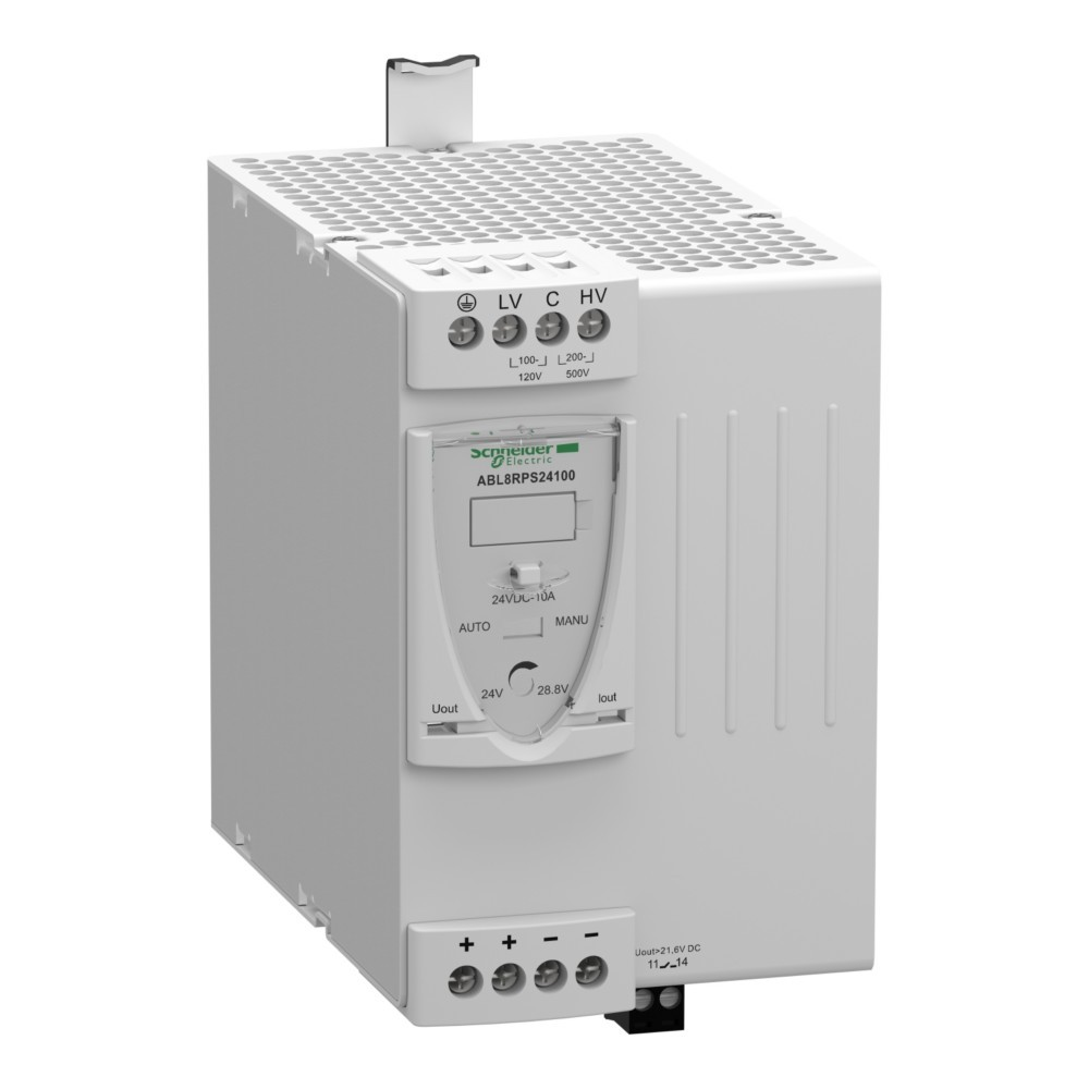 Un dispositivo bianco Schneider Electric con etichette, pulsanti e porte. Ha uno sfiato nella parte superiore e vari indicatori di tensione.