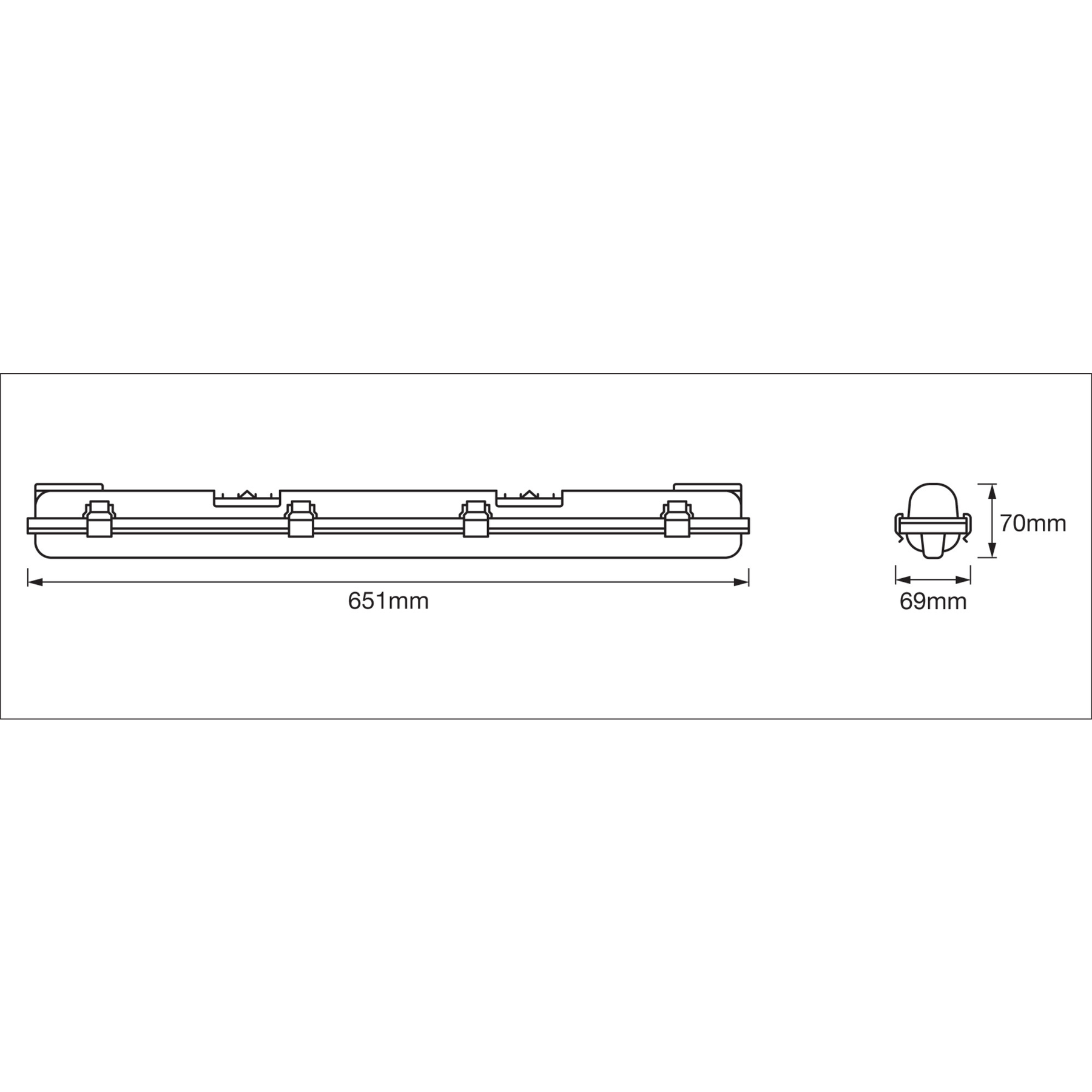 Technische Zeichnung einer rechteckigen Leuchte mit Maßangaben, einschließlich 651 mm Länge und 70 mm Höhe.