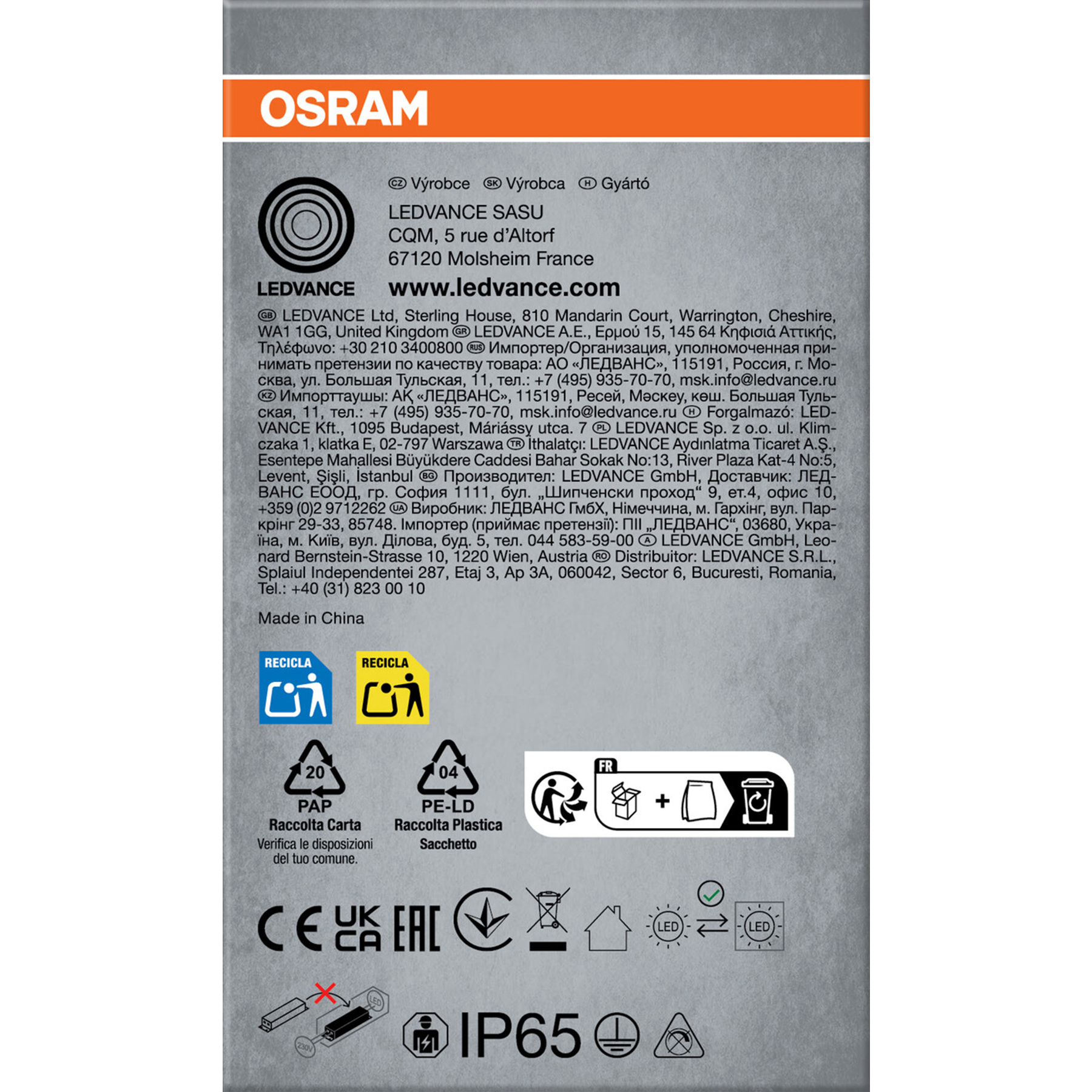 Produktetikett mit Text, Recyclingsymbolen und den Logos von OSRAM und LEDVANCE.