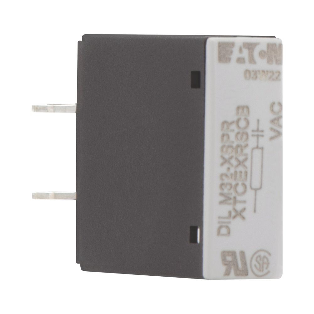 Un componente elettrico nero con testo bianco. Ha tre pin ed è visibile il marchio EATON.