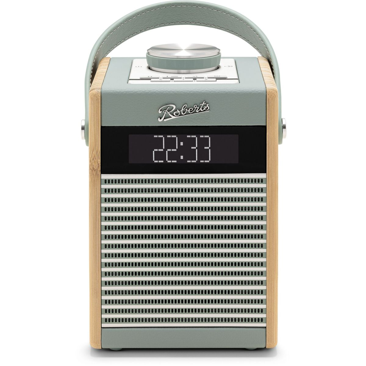 Une radio vert menthe et bois avec une poignée. L'horloge numérique affiche 22h33. La marque est Roberts.
