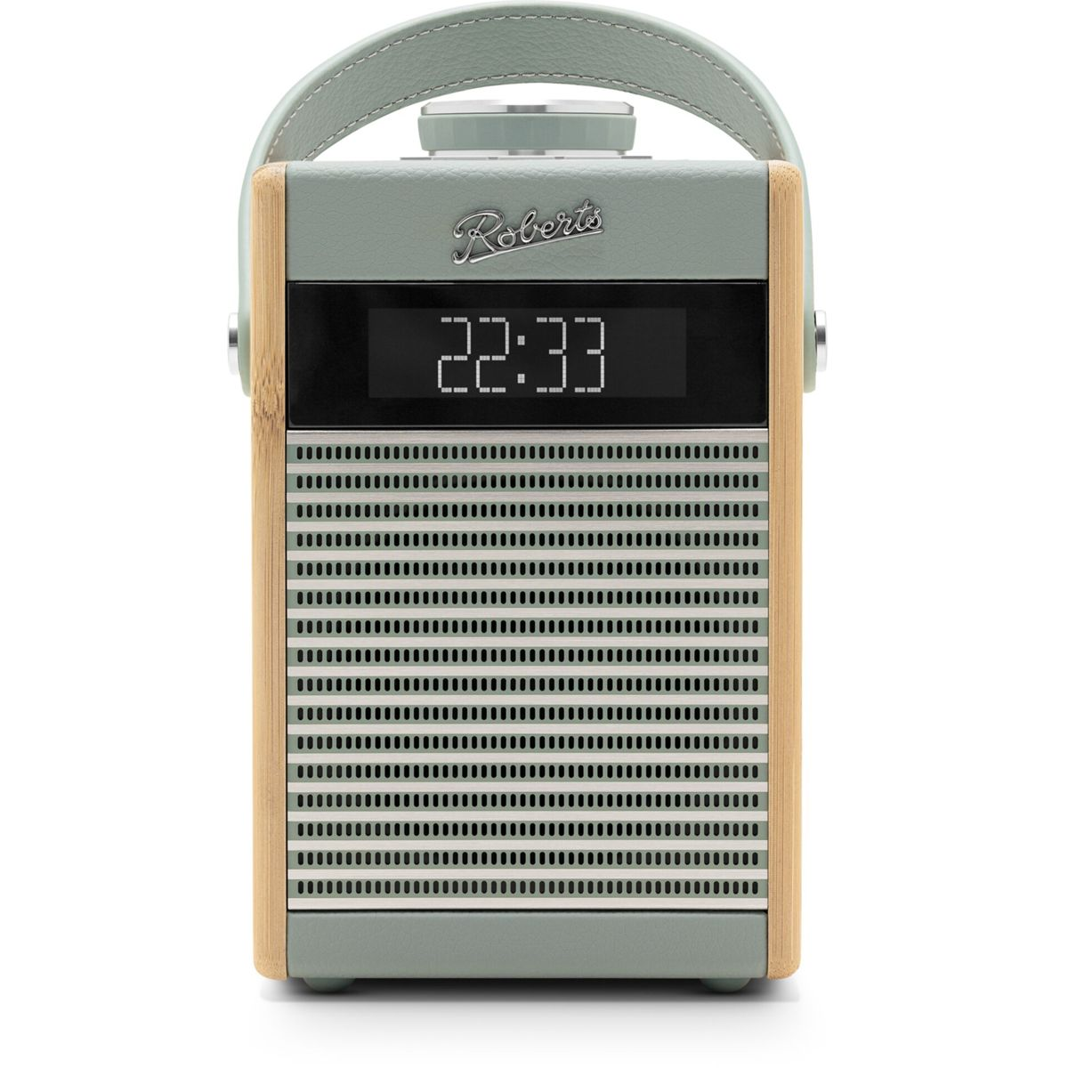 Une radio Roberts vert menthe avec une poignée. Elle possède une horloge numérique affichant 22:33. La radio est sur fond blanc.
