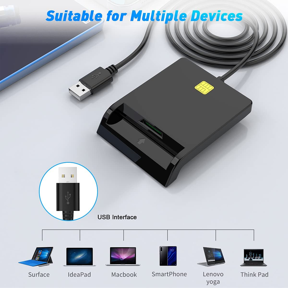 Schwarzes Kartenlesegerät mit USB-Kabel. Kompatibel mit mehreren Geräten, darunter Laptops und Smartphones. USB-Schnittstelle sichtbar.