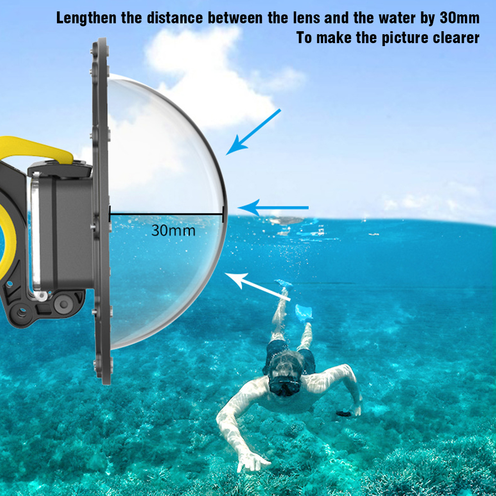 Ein Taucher schwimmt unter Wasser. Ein Kameraobjektiv erstreckt sich 30 mm von seinem Gehäuse. Text rät, den Abstand für klarere Fotos zu vergrößern.