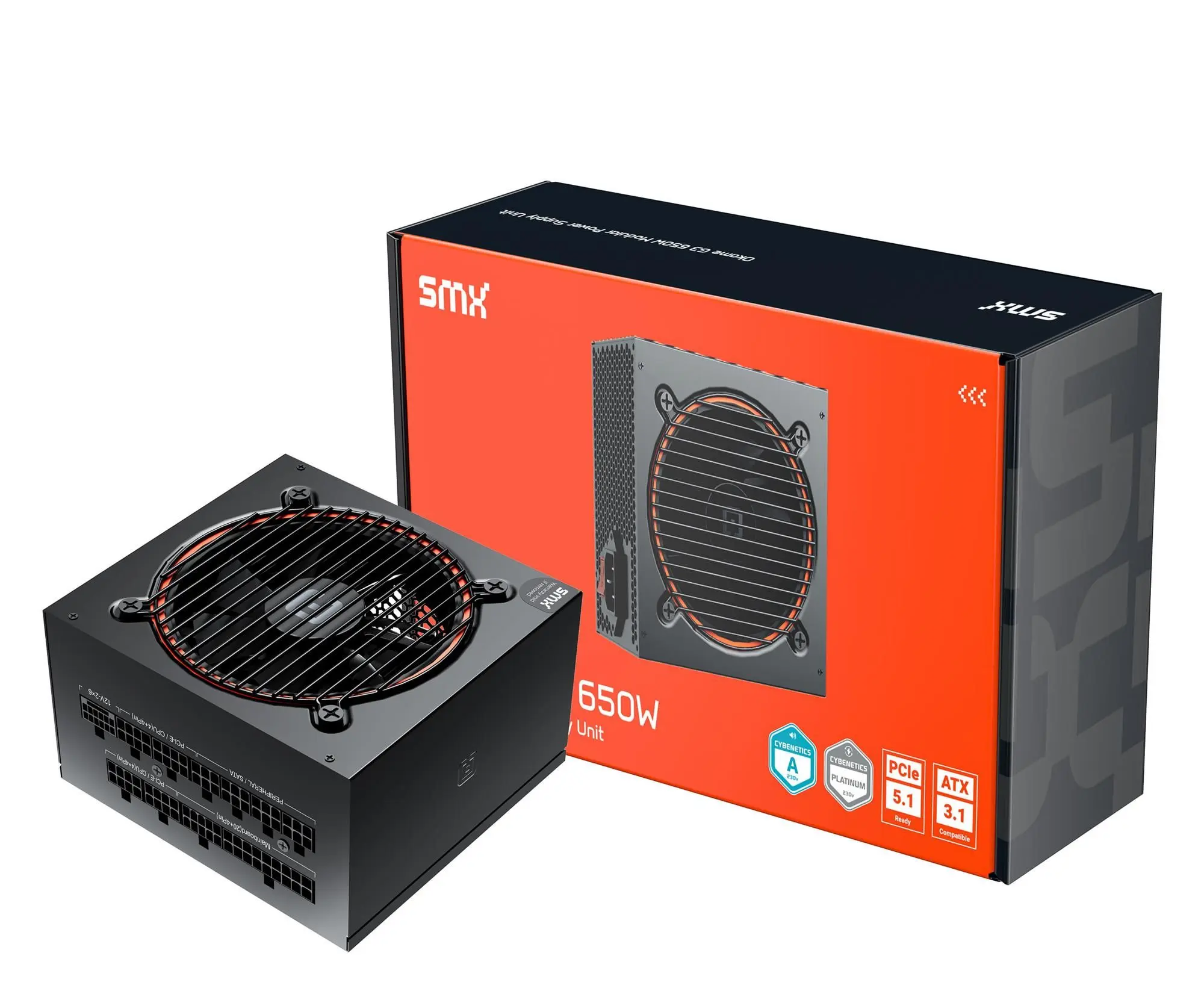 Schwarzes SMX-Netzteil und -Box. Die Box ist orange und schwarz. Das Netzteil hat einen Lüfter mit einem rot-orangen Ring.
