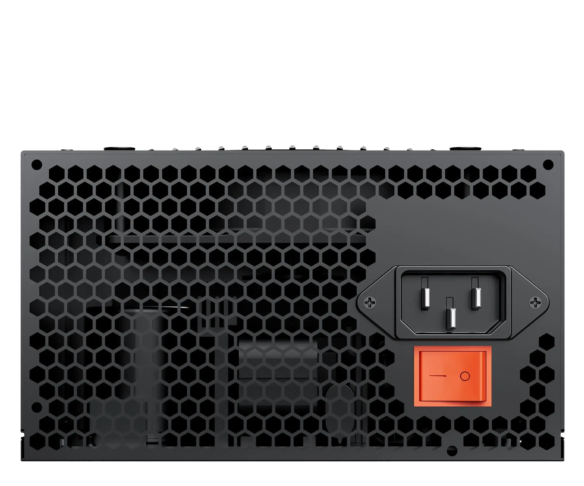 Schwarzes Netzteil mit Wabenmuster. Es hat einen orangefarbenen Netzschalter und einen IEC-Stecker.