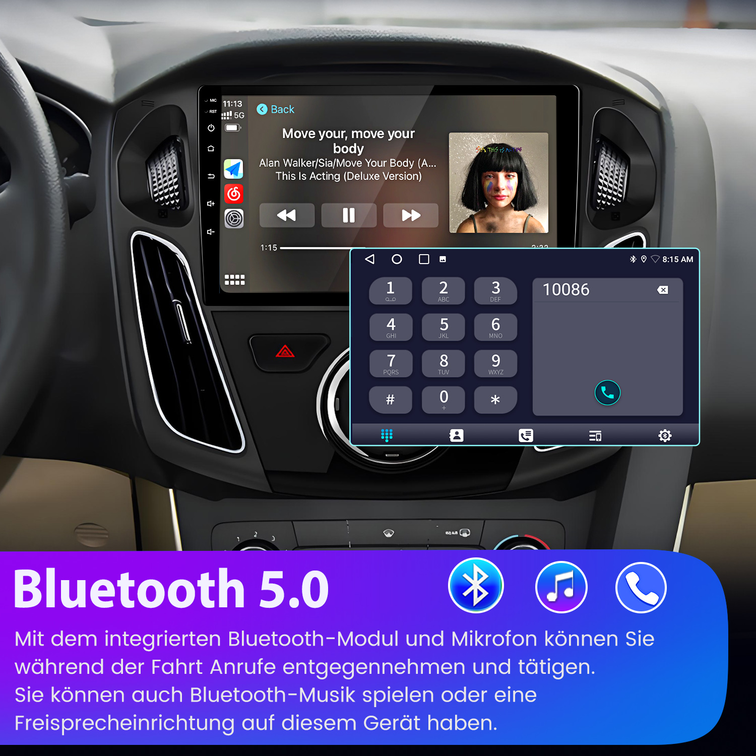 Panel del automóvil que muestra una pantalla multimedia reproduciendo música, una interfaz de marcación telefónica e información de Bluetooth 5.0.
