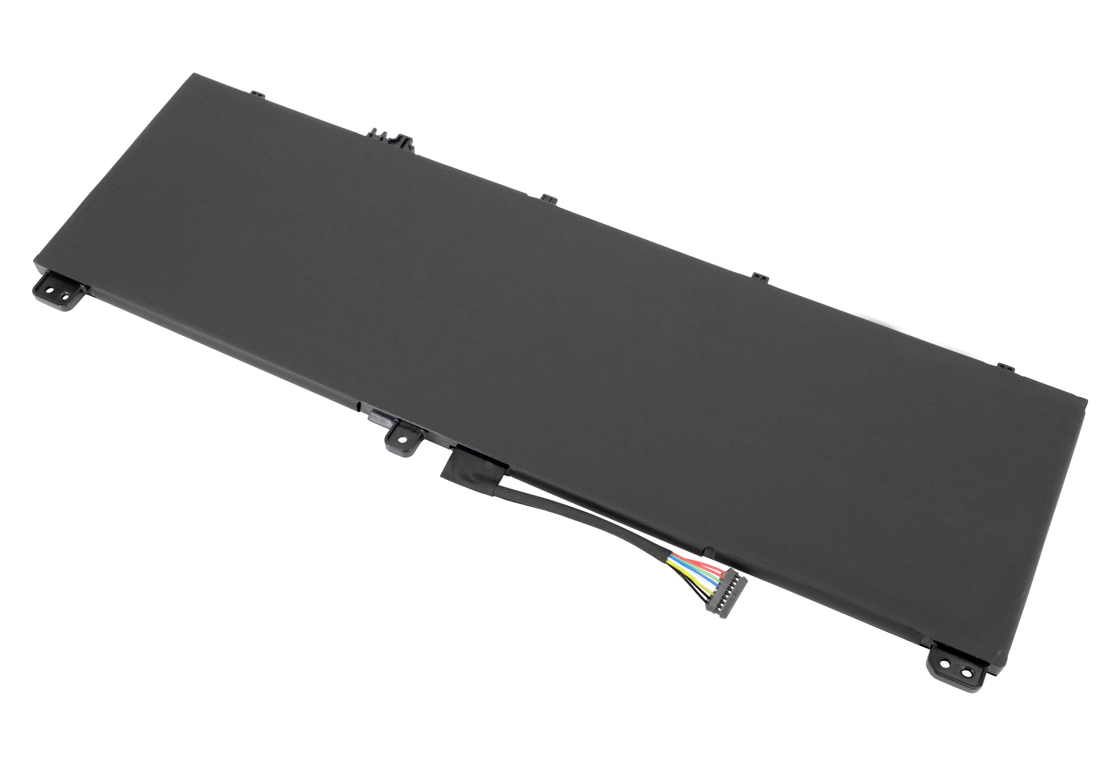 Ein rechteckiger schwarzer Laptop-Akku. Er hat einen Stecker mit farbigen Drähten.
