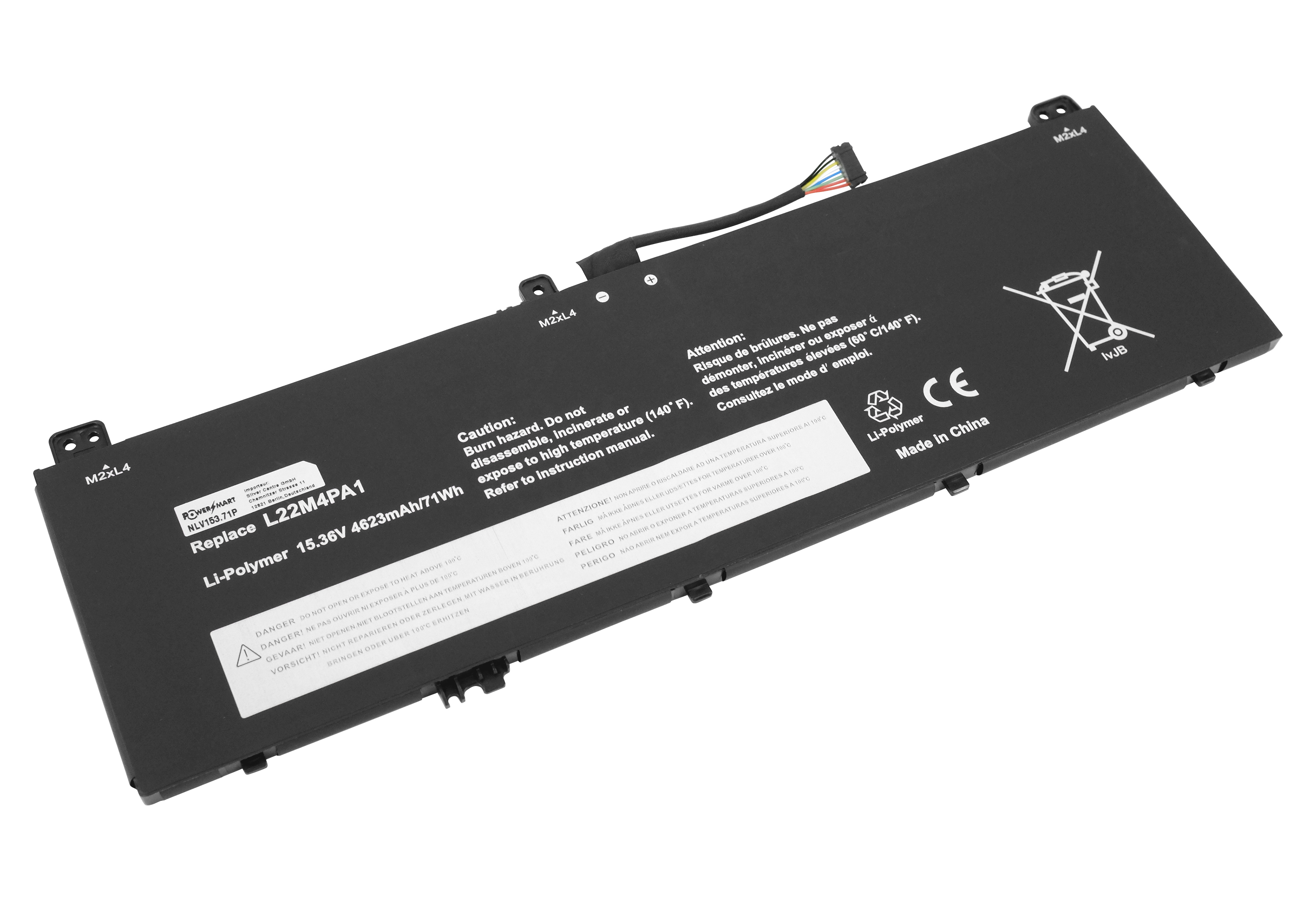 Ein Laptop-Akku mit Etiketten und Warnhinweisen. Es ist schwarz mit weißem Text und einem Stecker.