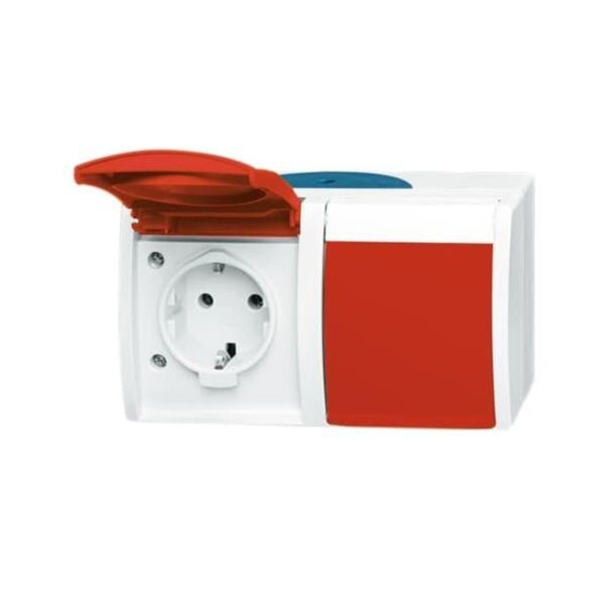 Presa elettrica bianca con coperchio rosso aperto. Scatola rossa e bianca a destra. Blu visibile sopra.
