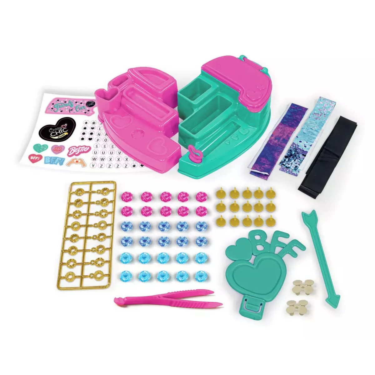 Un kit artigianale con componenti rosa e verde acqua, gemme, adesivi e strumenti. Include una pressa a forma di cuore e accessori.