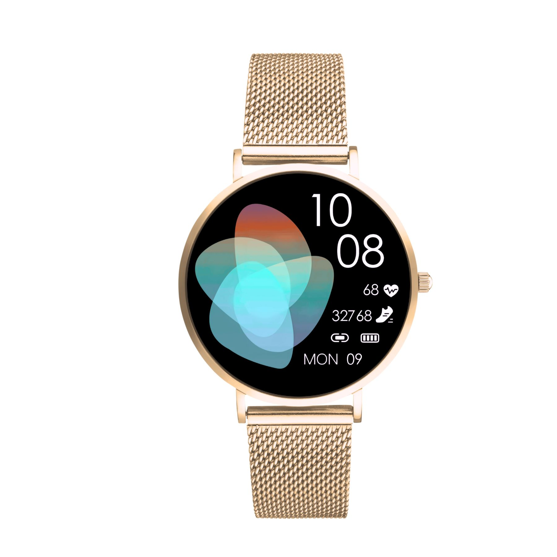 Uno smartwatch dorato con cinturino a maglia mostra l'ora e i dati sanitari su uno schermo nero con un design colorato.