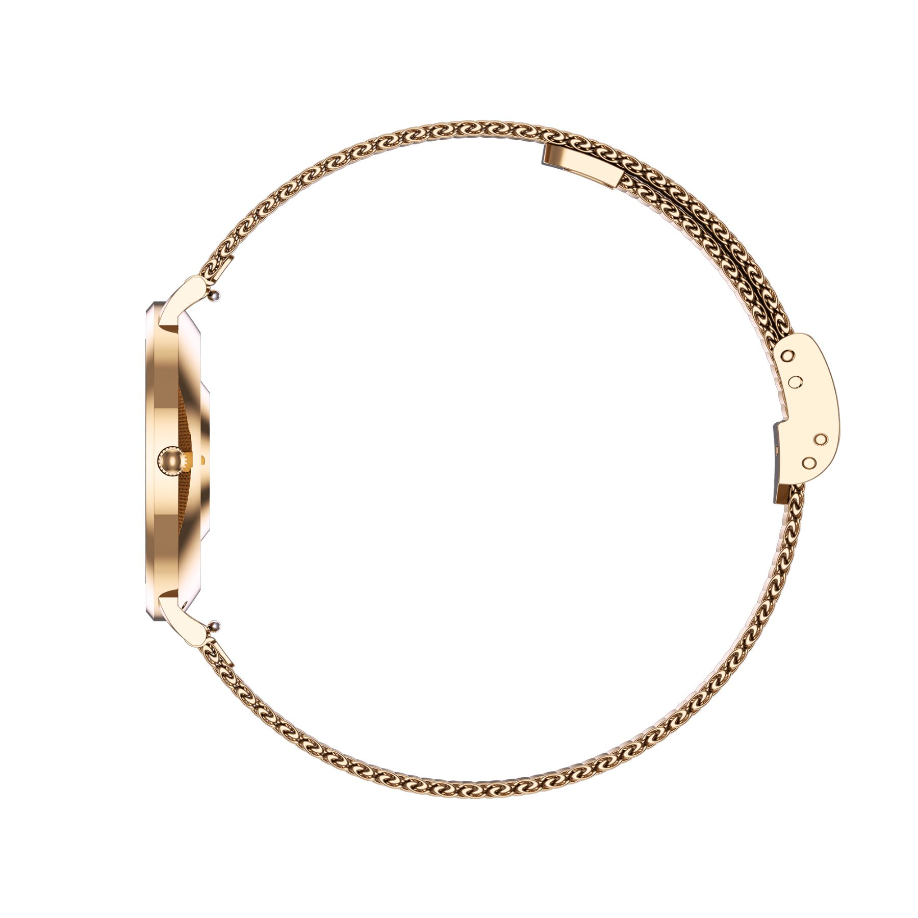 Una vista laterale di un orologio d'oro con cinturino a maglia, su sfondo bianco.