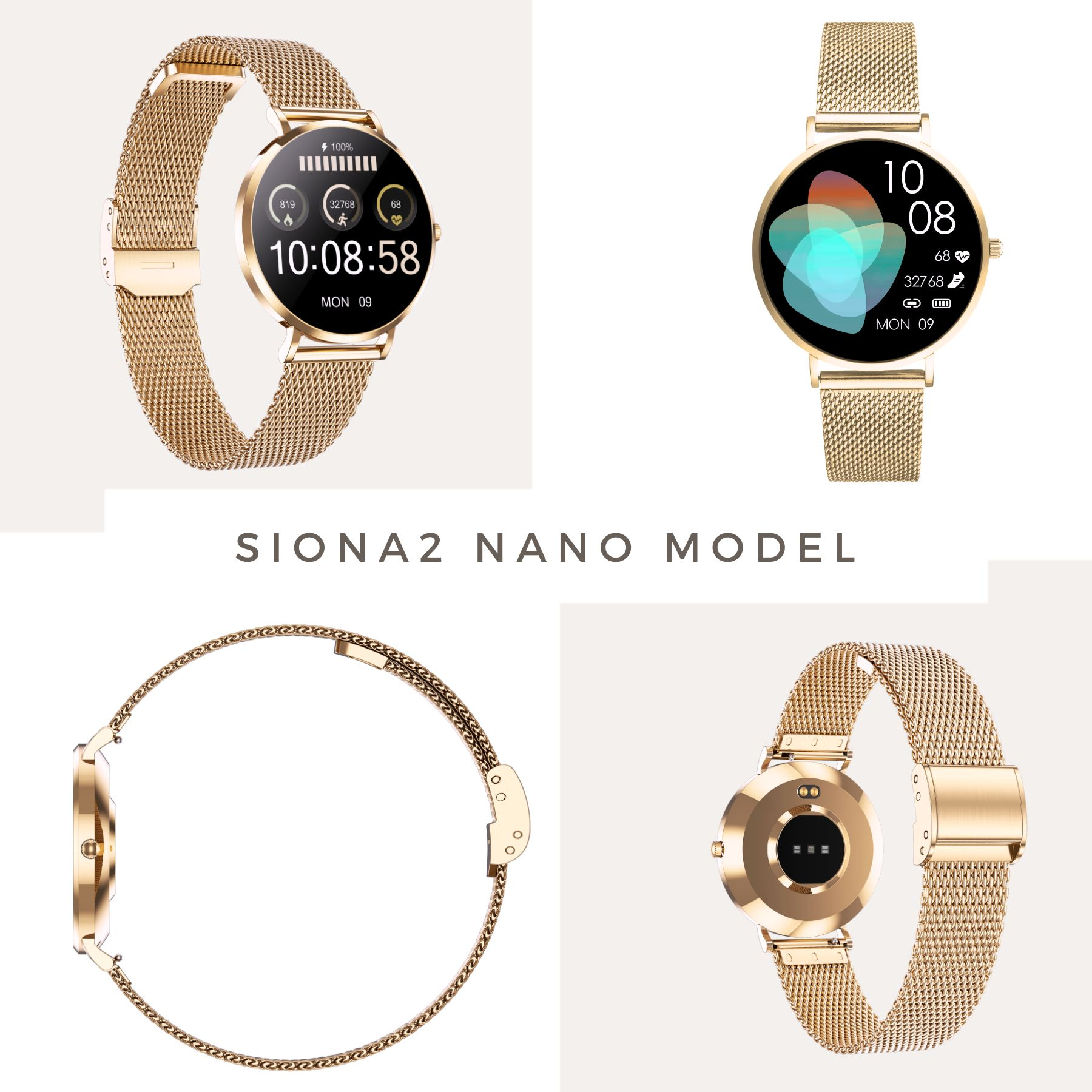 Smartwatch dorato, viste multiple. Mostra ora, statistiche attività e data. Cinturino a maglia e quadrante rotondo. Testo SIONA2 NANO MODEL.
