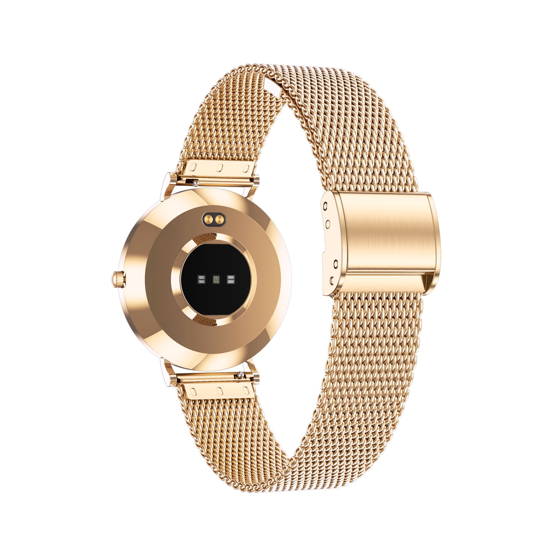 Smartwatch dorato con cinturino a rete. Il quadrante ha sensori neri. Il cinturino è collegato. Sfondo bianco.