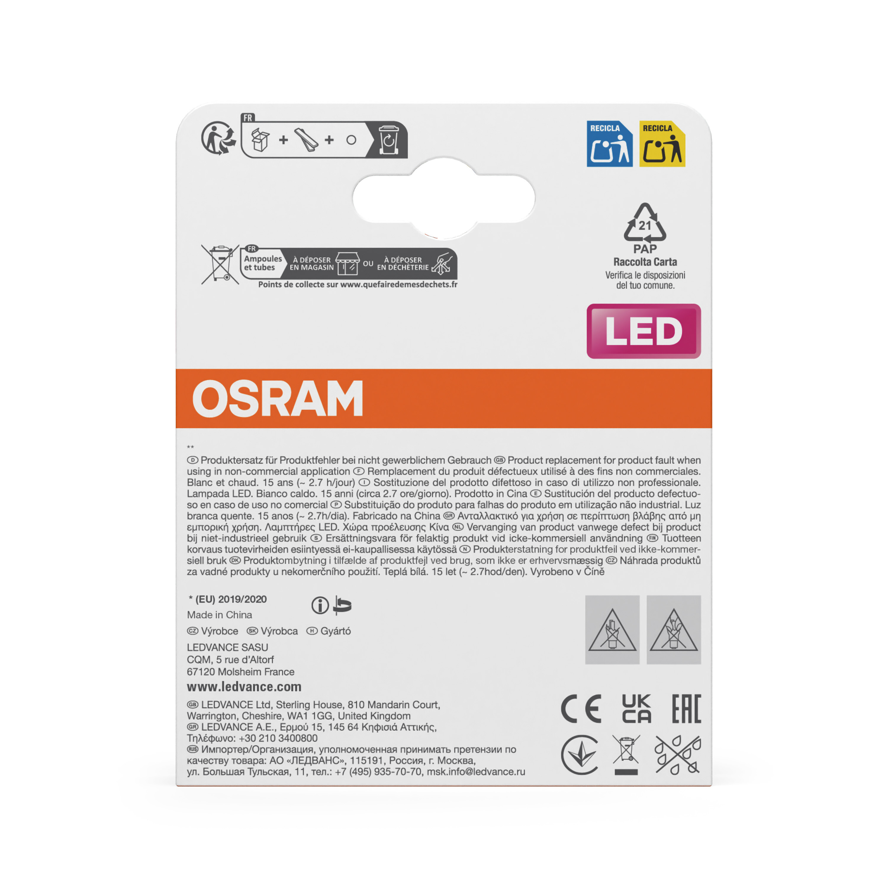 Eine weiße Produktbox mit Text und Symbolen. Es zeigt ein LED-Licht und das OSRAM-Logo.