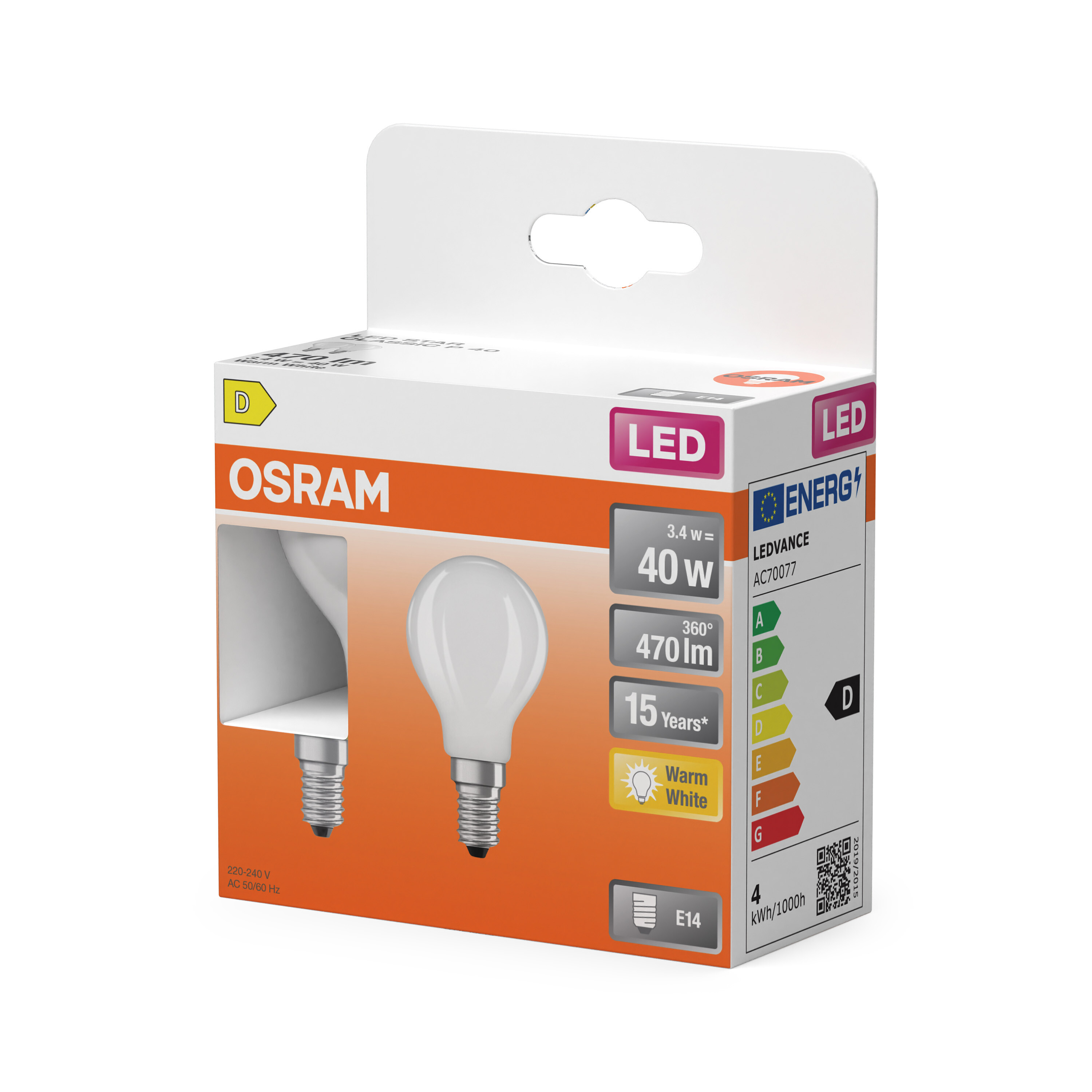 Eine Schachtel mit OSRAM LED-Glühbirnen. Die Schachtel ist weiß und orange. Die Glühbirne hat eine warmweiße Farbe.