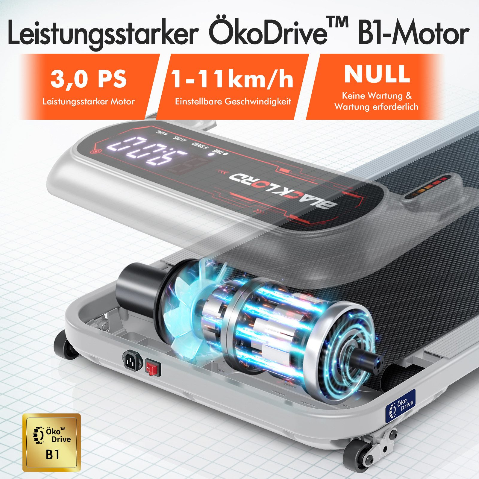 Ein Laufband mit freiliegendem Motor, das Geschwindigkeits- und Leistungsinformationen anzeigt. Der Motor hat blaue Lichtdetails.