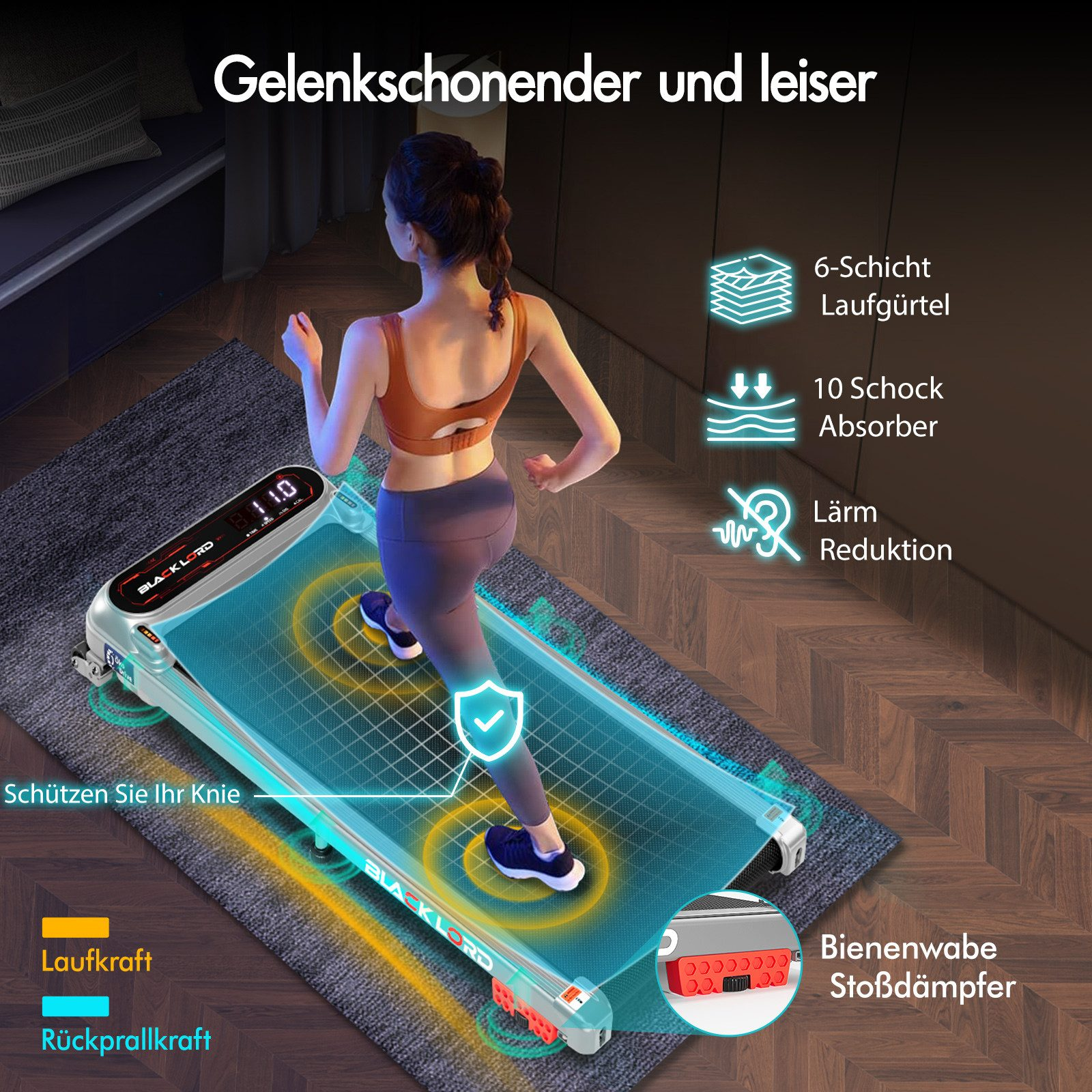 Eine Frau läuft auf einem Laufband. Das Laufband hat eine digitale Anzeige und ist mit 'BLACK LORD' beschriftet.