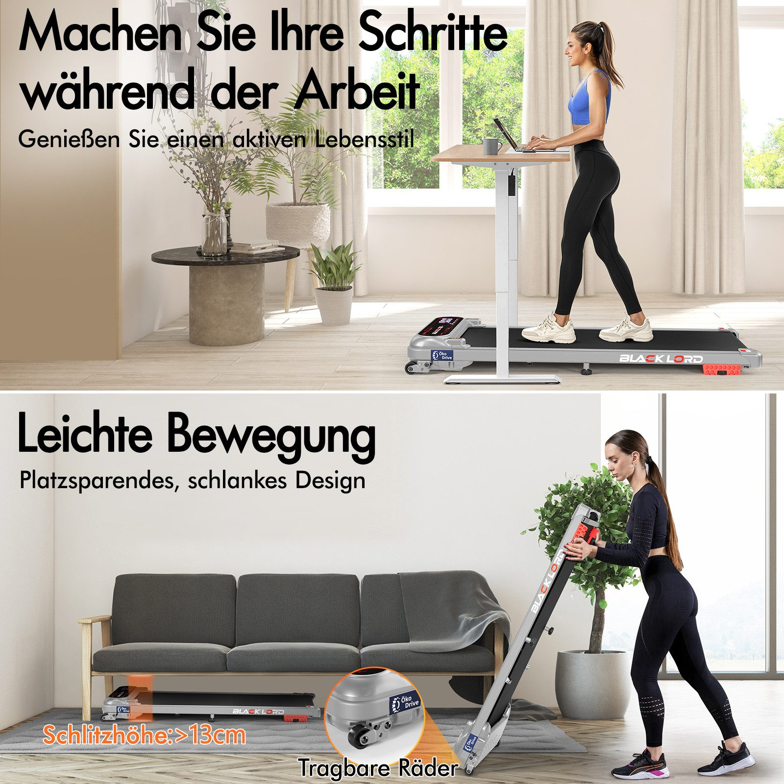 Frau geht auf dem Laufband mit Laptop. Eine andere Frau faltet das Laufband. Text: 'Machen Sie Ihre Schritte während der Arbeit.'