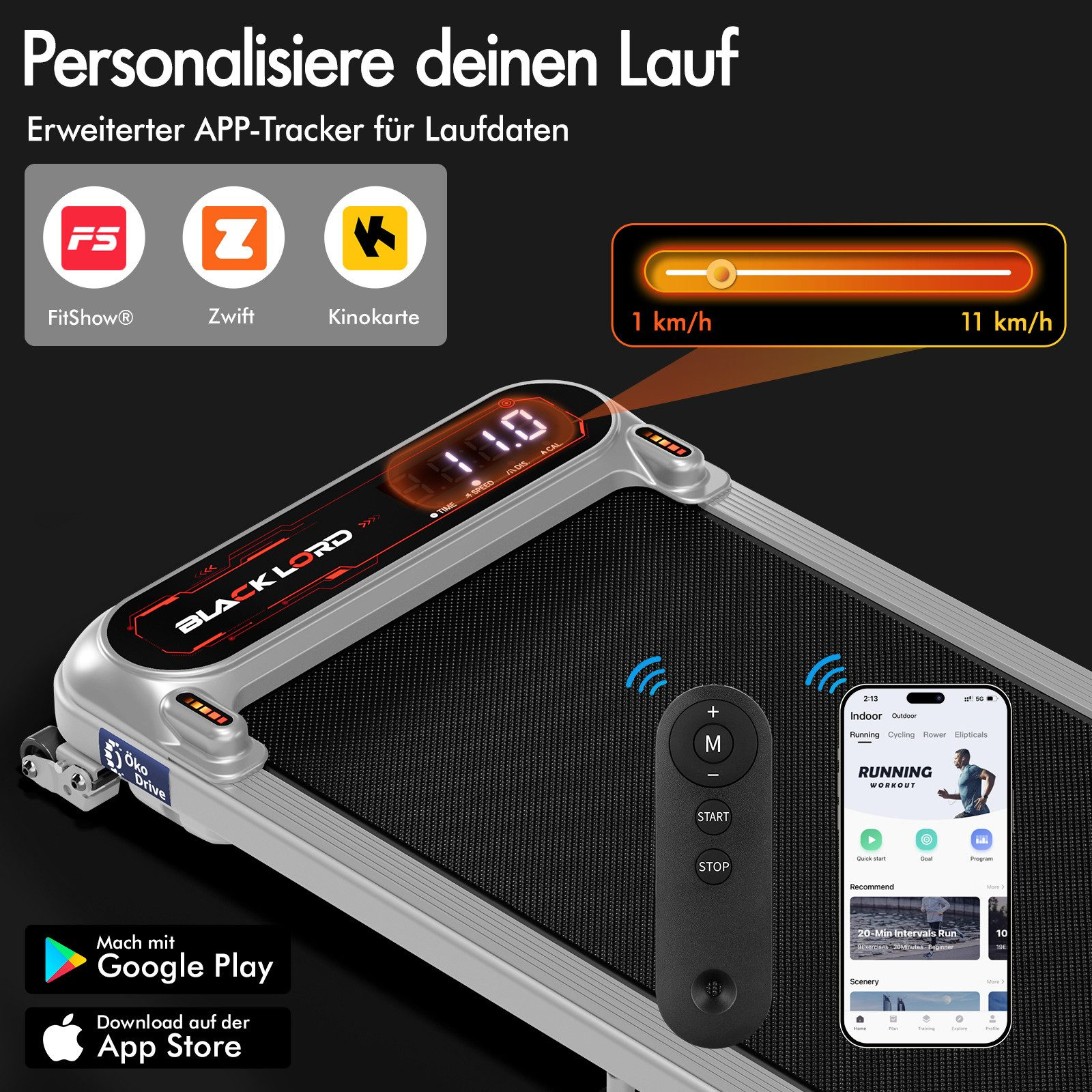 Laufband mit Geschwindigkeitsanzeige. Mobiltelefon mit Trainings-App. Fernbedienung. Logos von Apps. Google Play und App Store Logos.