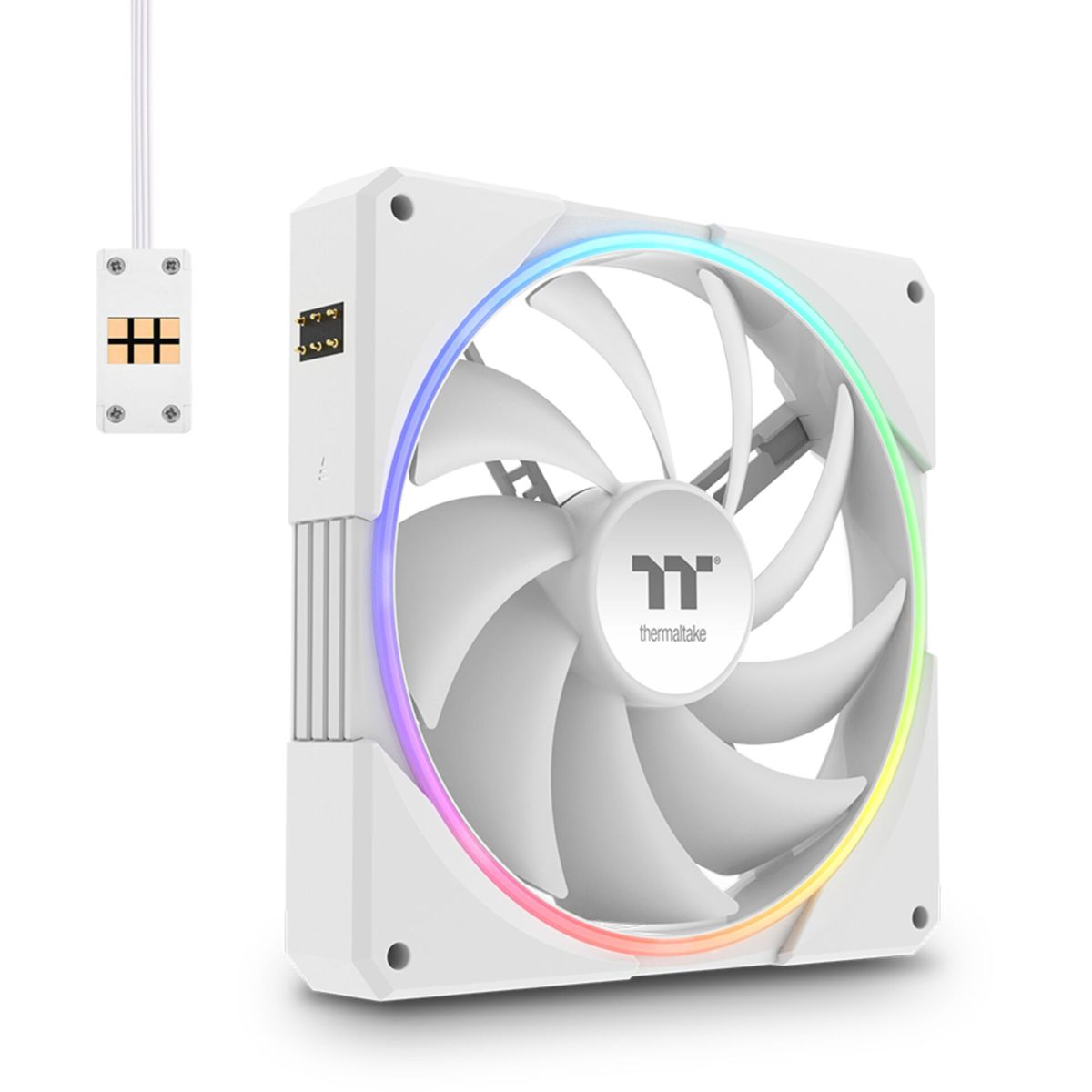 Ventola per computer bianca con anello LED arcobaleno. Un piccolo controller bianco è in alto a sinistra, collegato da un cavo bianco.