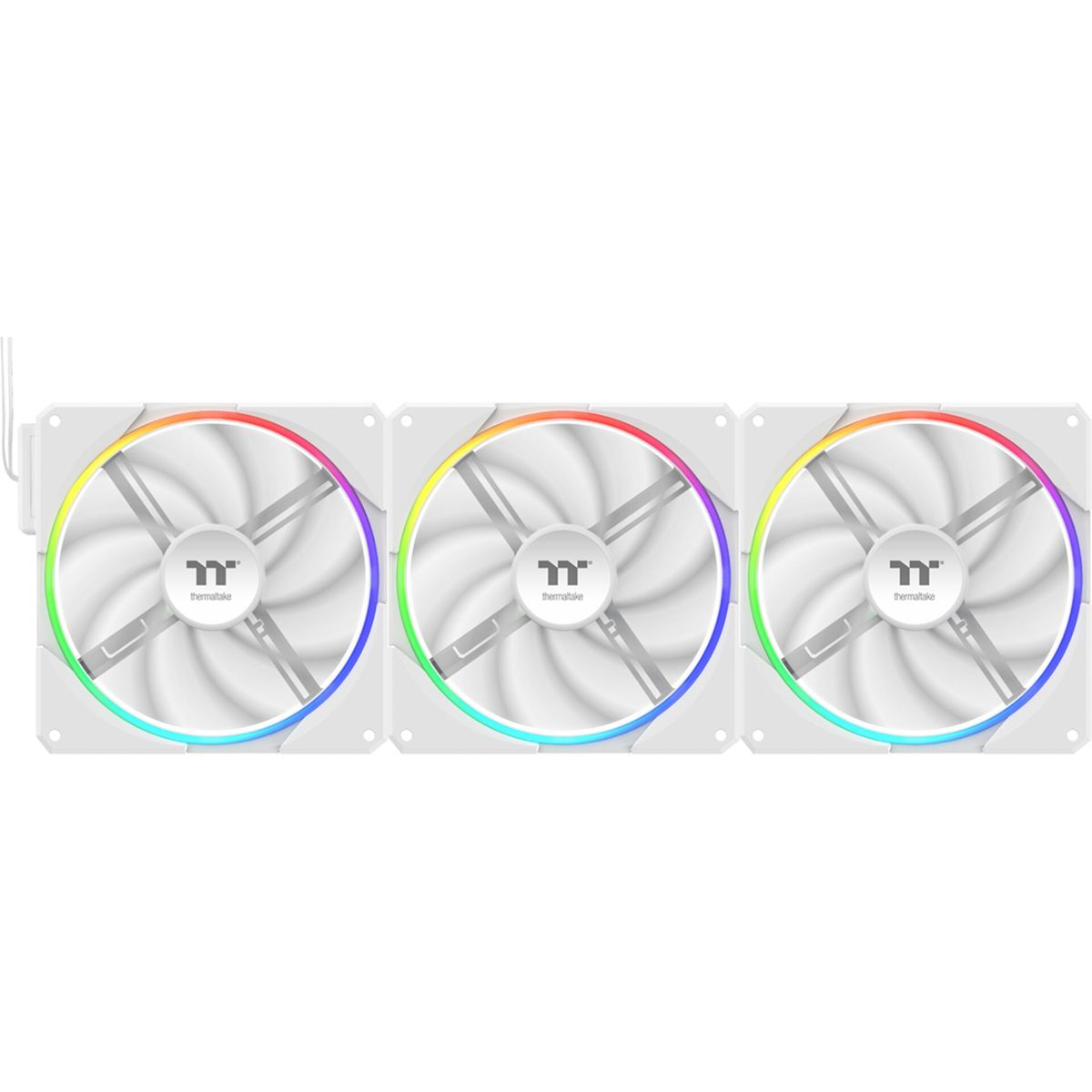Tre ventole per computer bianche con anelli LED arcobaleno. Ogni ventola ha un logo centrale e quattro pale. Sono su sfondo bianco.