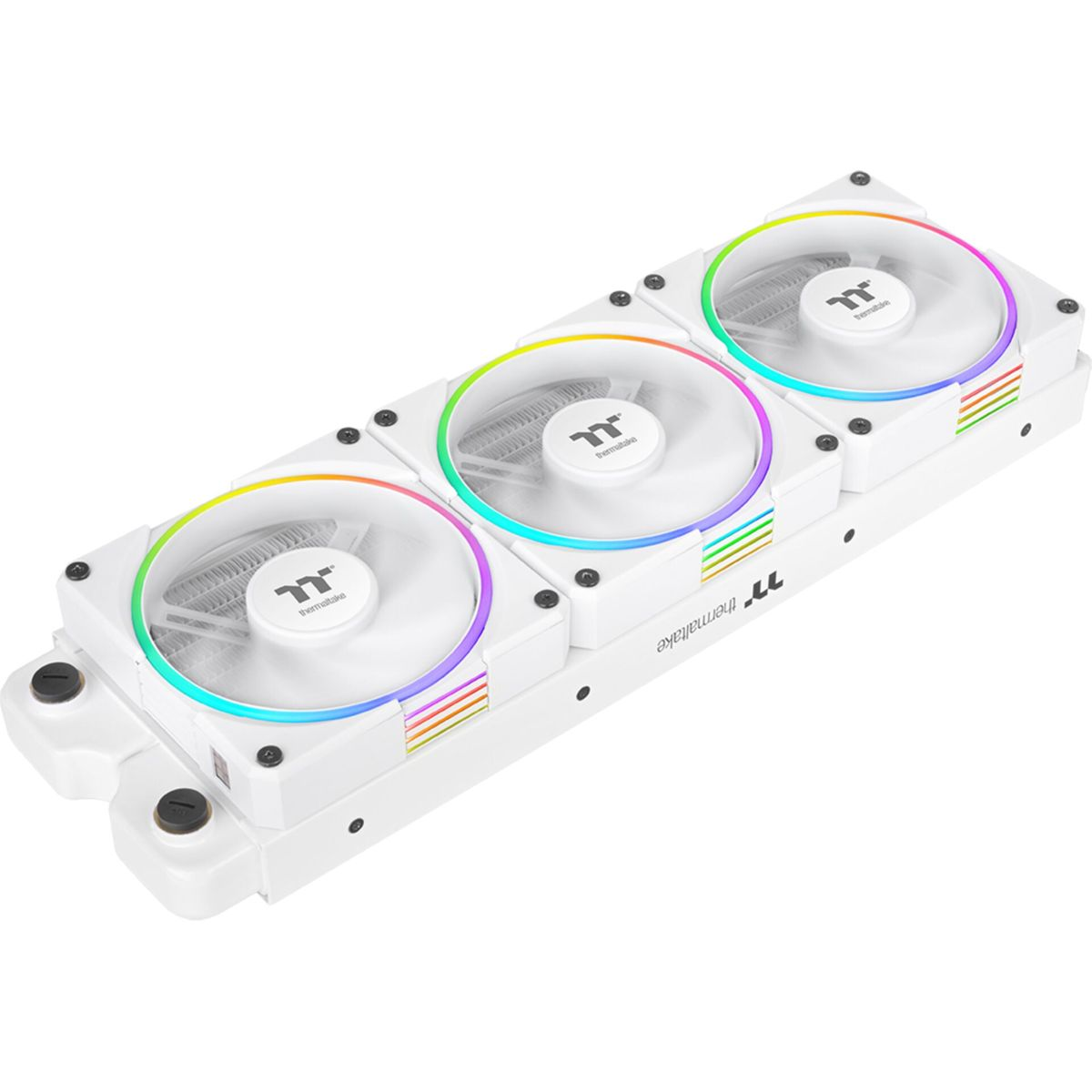 Ventole di raffreddamento per computer bianche con illuminazione RGB. Tre ventole in fila, logo Thermaltake.
