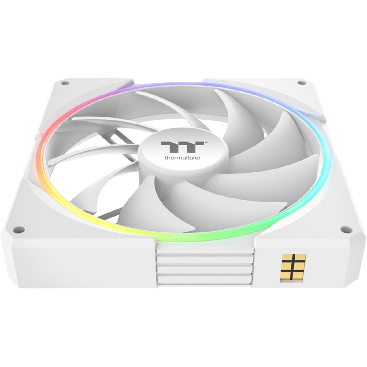 Ventola per computer bianca con anello LED arcobaleno e pale. Logo Thermaltake al centro. Cornice quadrata con porte di connessione.