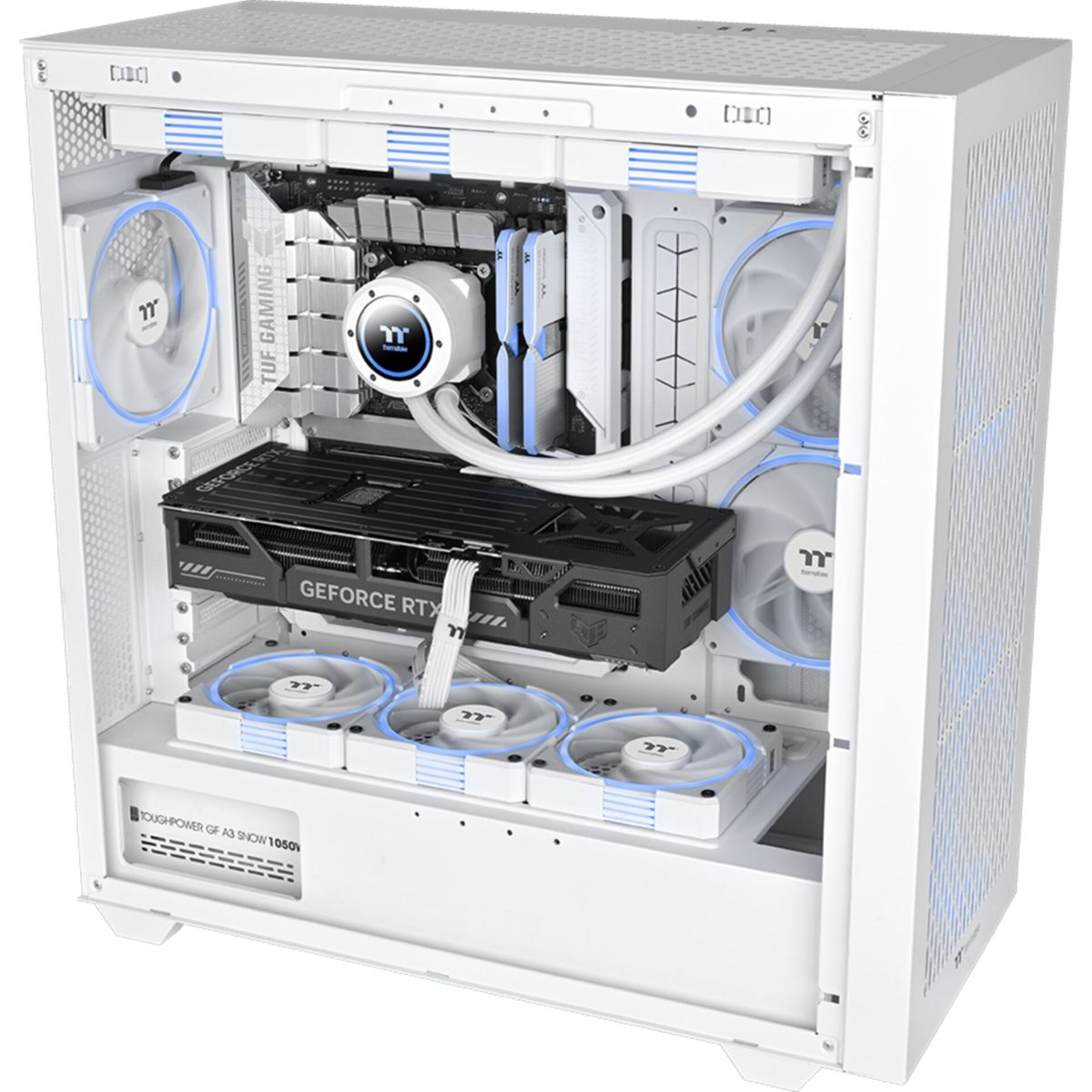 Case PC bianco con componenti all'interno. Include scheda grafica, ventole e sistema di raffreddamento a liquido, con accenti LED blu.