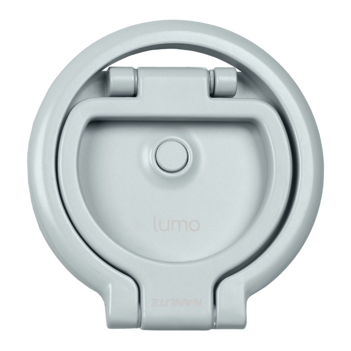 Ein hellgraues, kreisförmiges Gerät mit Griff und zentralem, vertieftem Bereich. Der Markenname 'lumo' ist sichtbar.